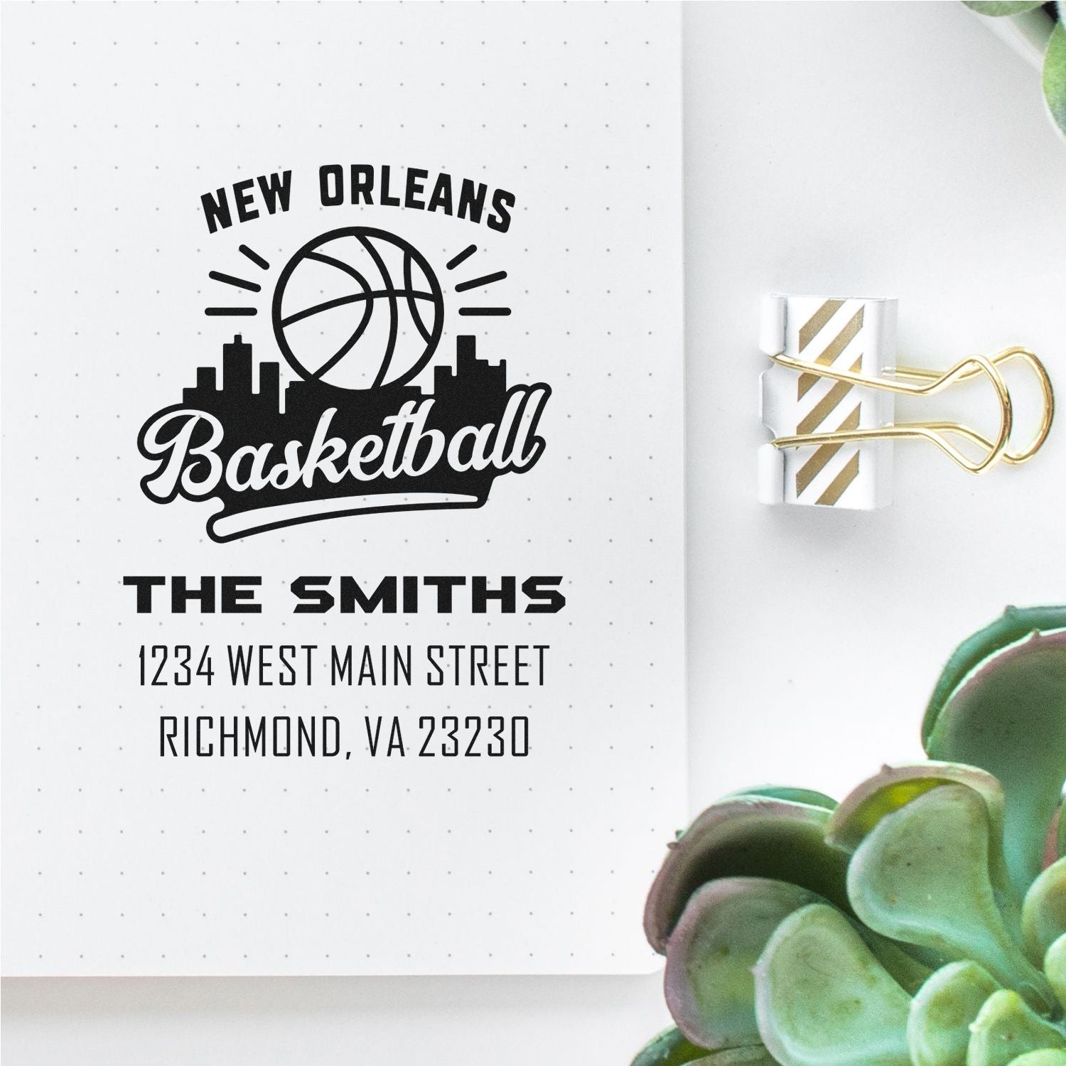Custom New Orleans basketball address rubber stamp for The Smiths with name and return address layout