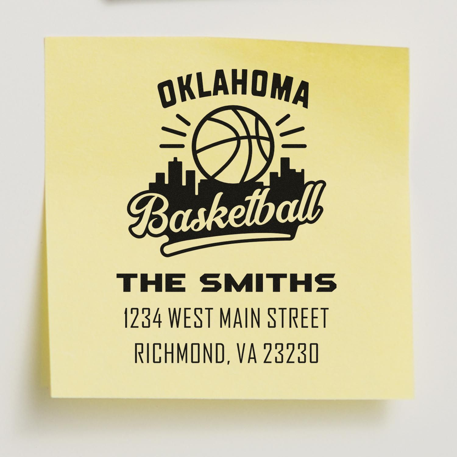 Custom basketball rubber stamp for The Smiths, with Oklahoma Basketball design, name and address for personalized stationery.