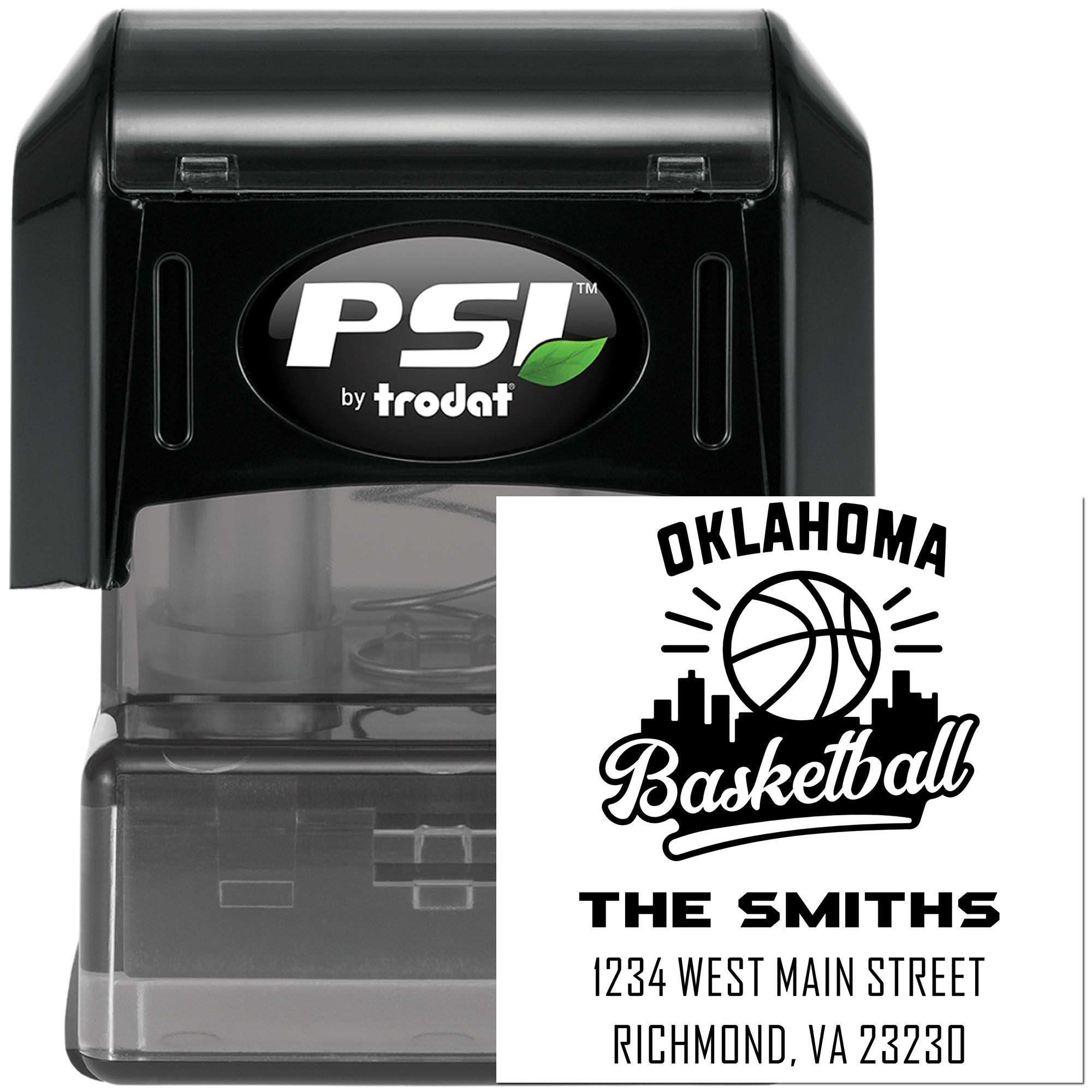 Personalized self-inking rubber address stamp with Oklahoma basketball design, The Smiths return address by PSI by Trodat