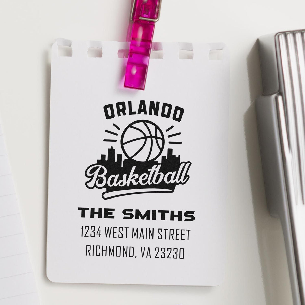 Custom Orlando Basketball address rubber stamp for The Smiths with Richmond, VA mailing details.