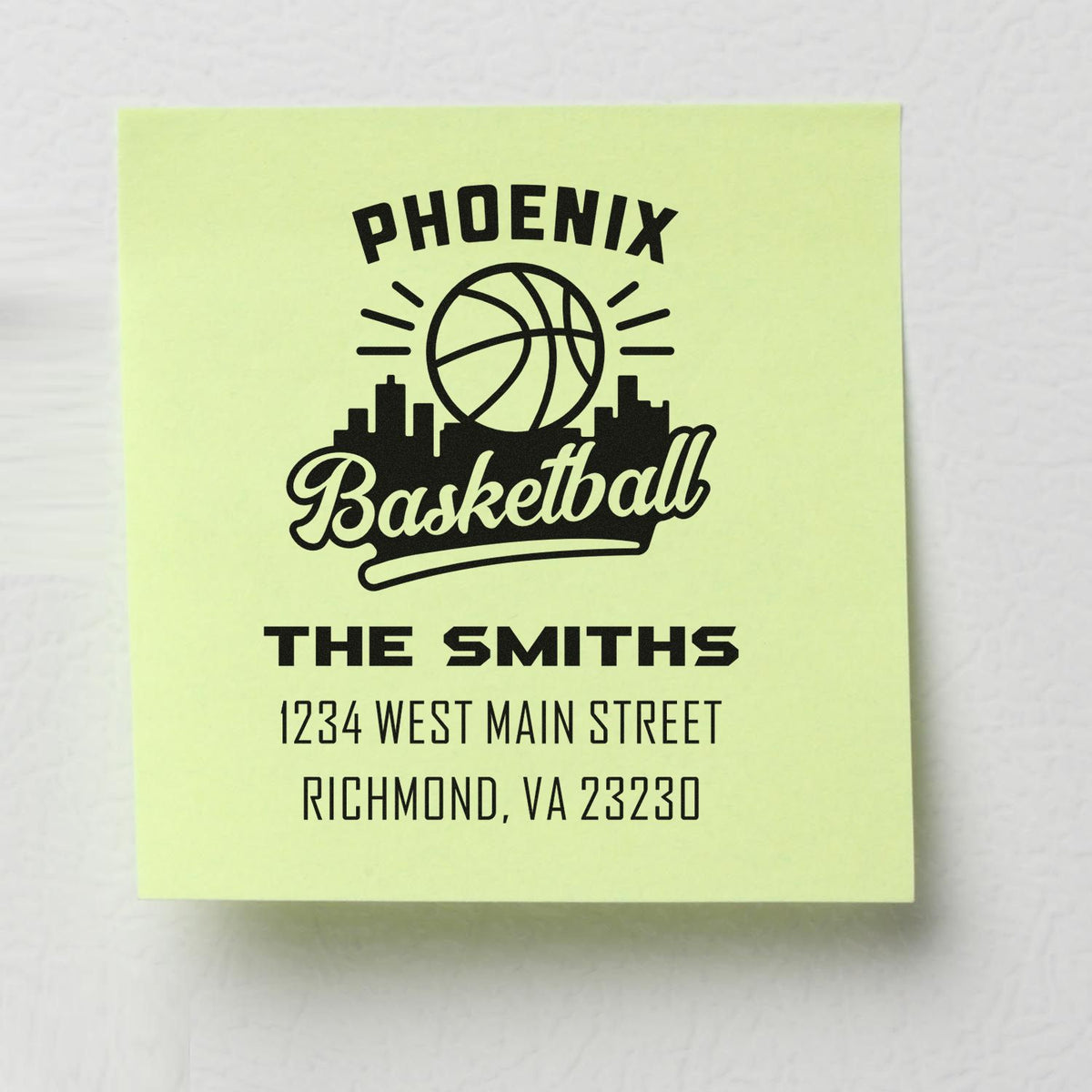 Custom Phoenix Basketball return address rubber stamp for The Smiths, Richmond, VA 23230.