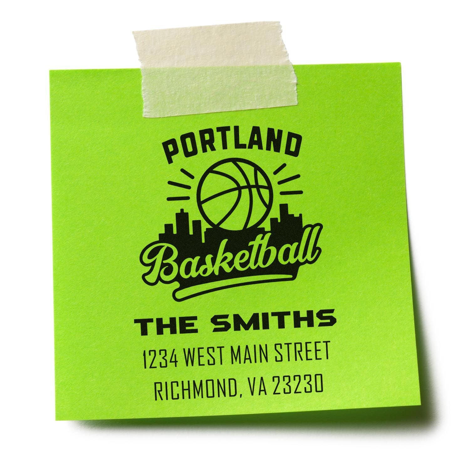 Personalized basketball address rubber stamp for The Smiths, featuring Portland design and Richmond, VA mailing address.