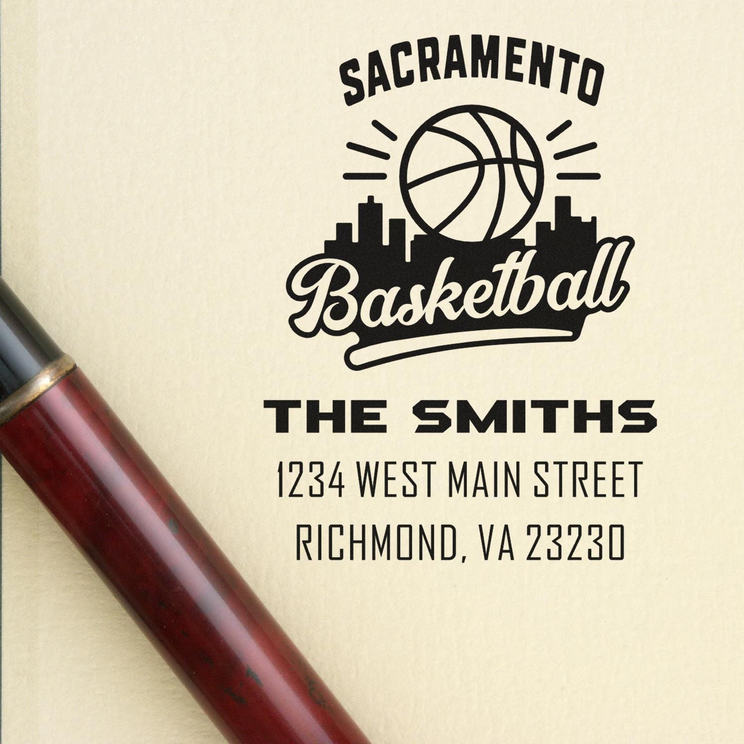 Custom Sacramento basketball rubber stamp for The Smiths, featuring skyline design and personalized return address, Richmond, VA.
