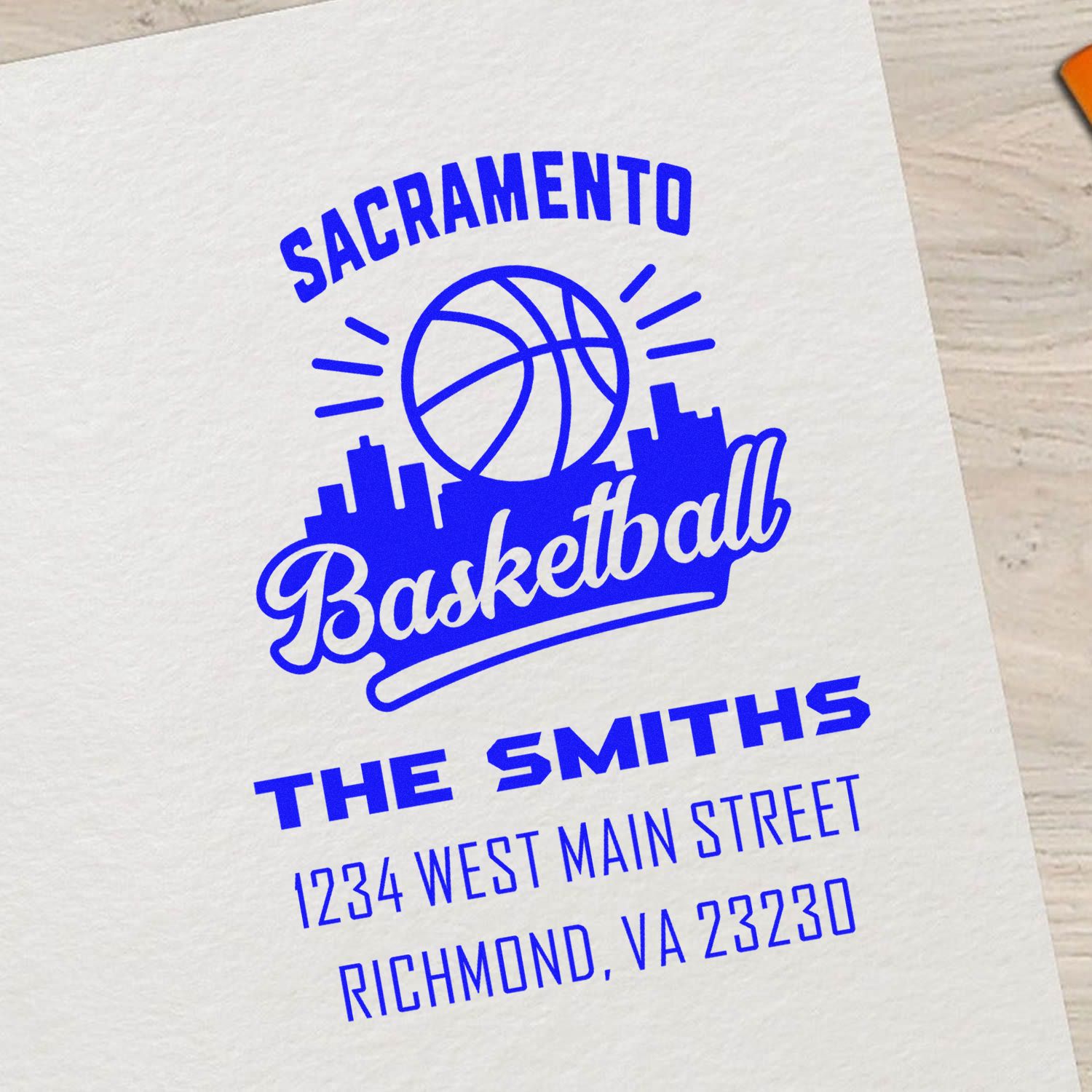 Custom basketball rubber stamp with The Smiths name and Richmond, VA return address for personalized mailings.
