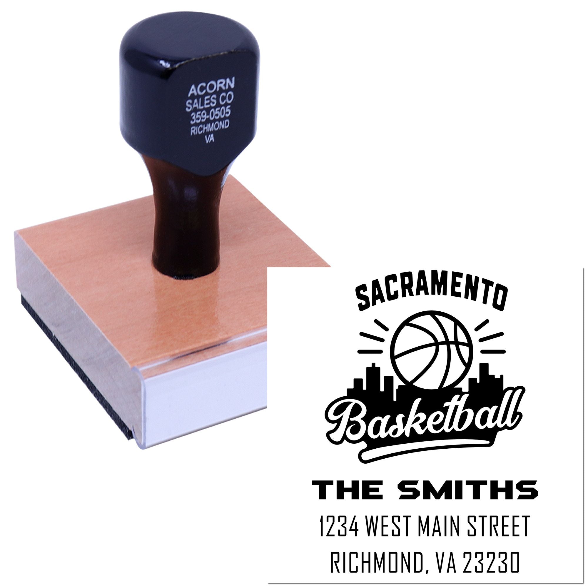 Custom rubber stamp for Sacramento Basketball with The Smiths name and Richmond, VA address, showing a personalized logo stamp design.