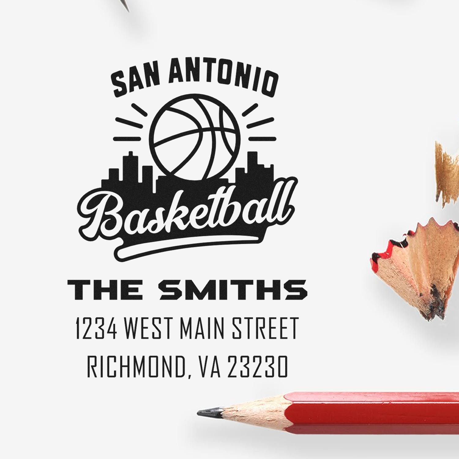 Custom basketball rubber stamp for The Smiths with San Antonio design and return address.