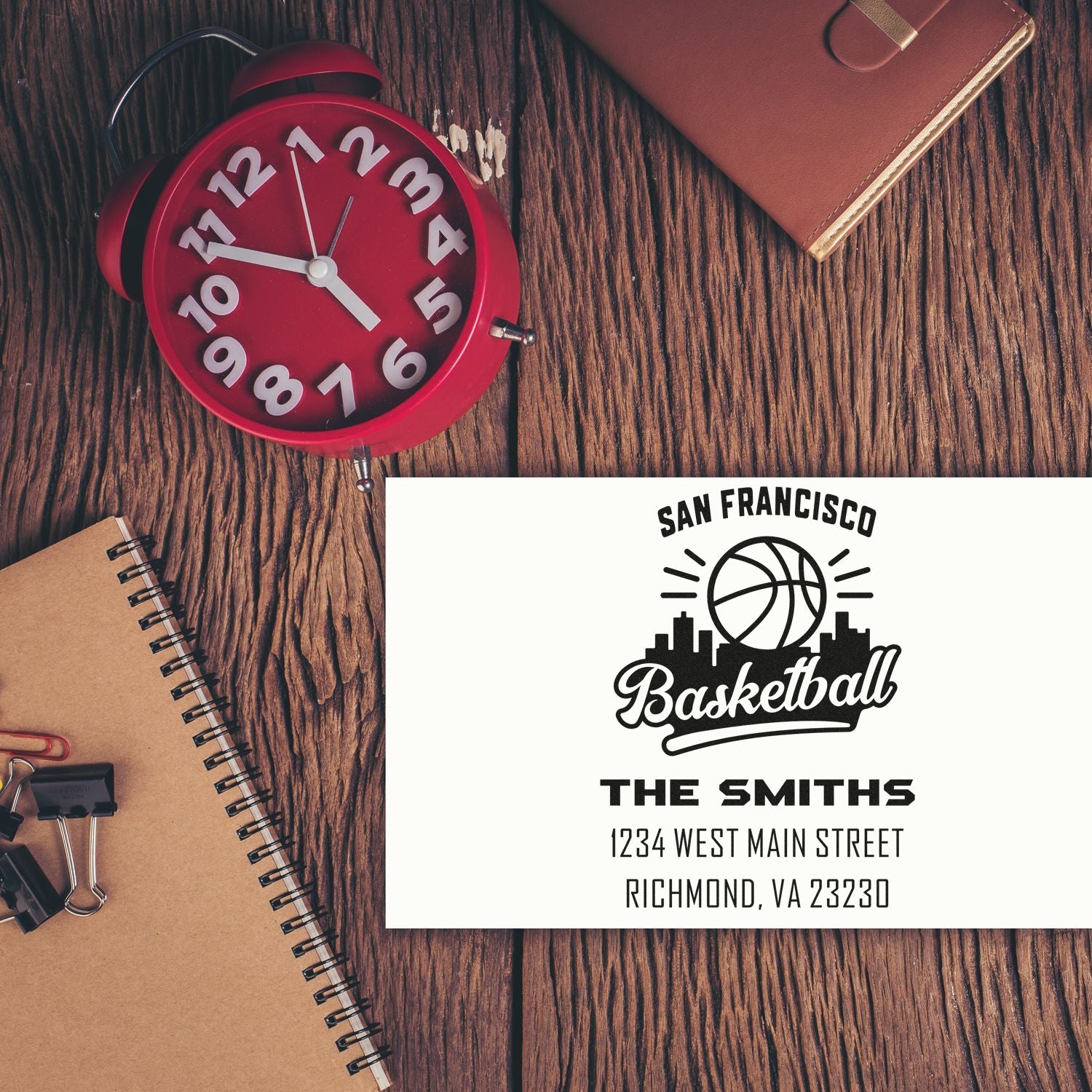 Custom rubber stamp mockup for San Francisco Basketball, with The Smiths address and city skyline logo.