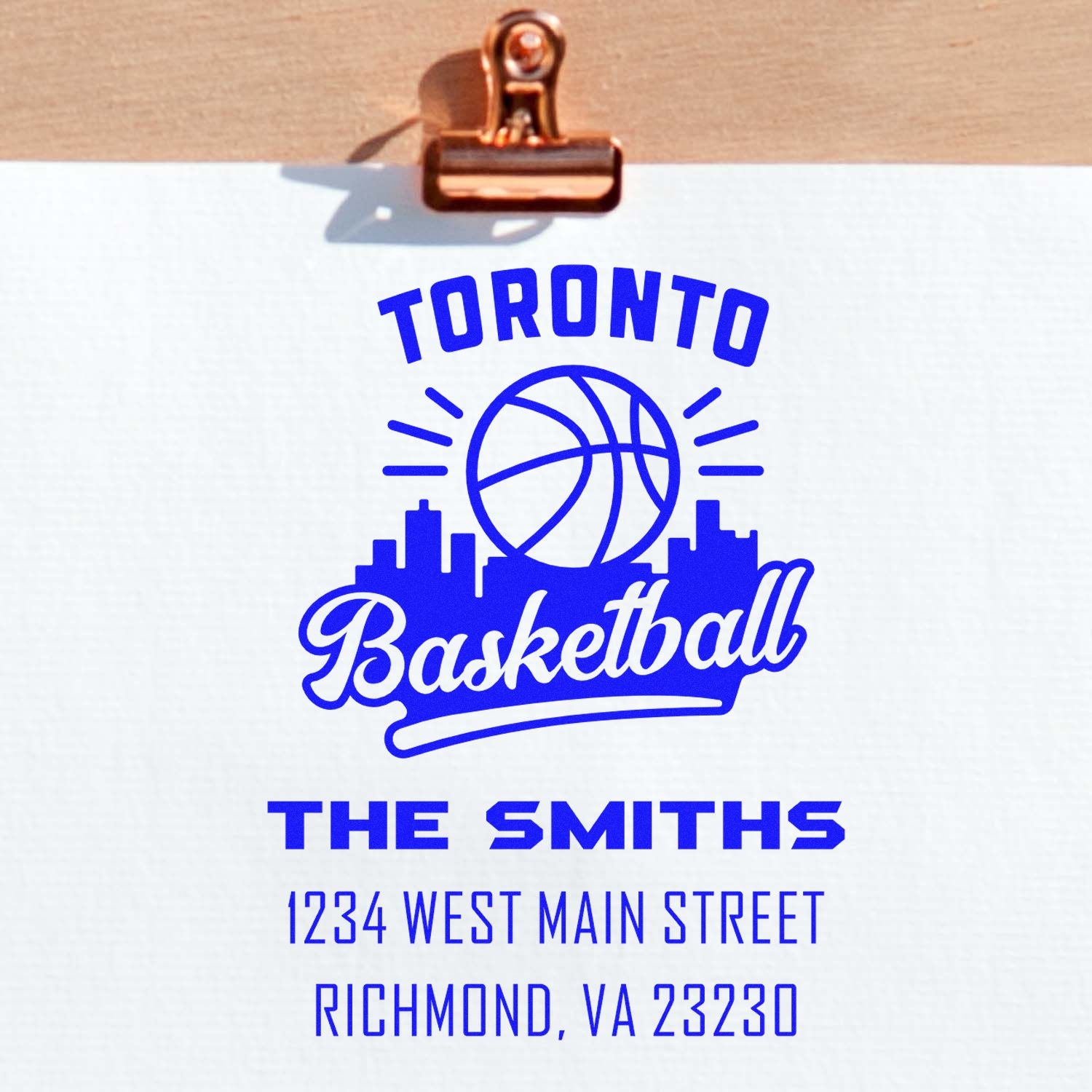 Personalized Toronto Basketball rubber stamp for The Smiths with logo and Richmond, VA address.