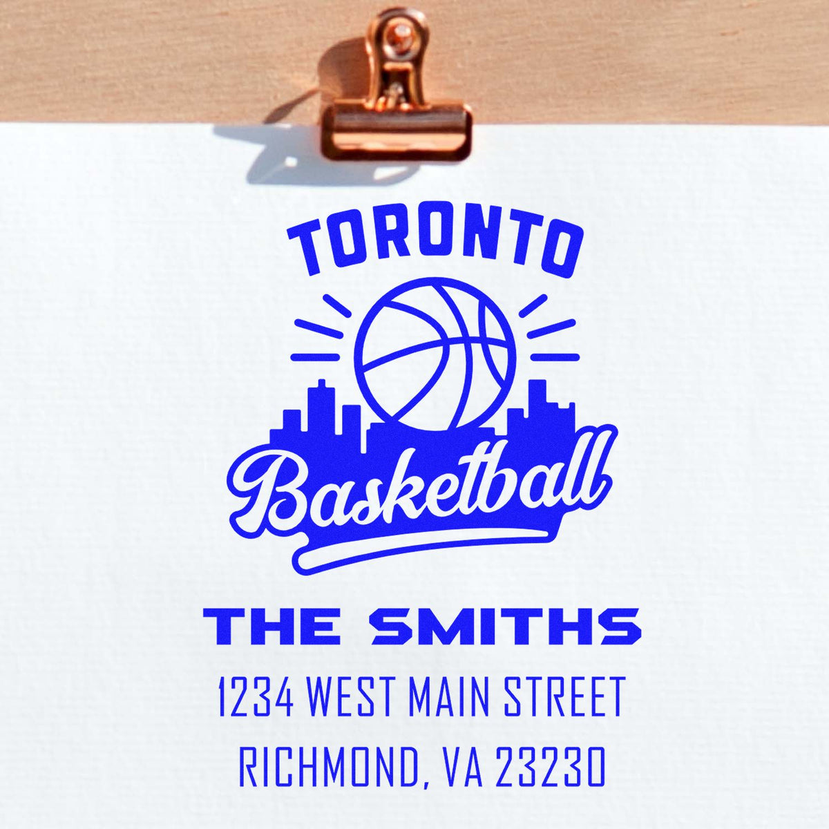 Custom rubber stamp design with Toronto Basketball logo, The Smiths name, and Richmond, VA address stamp.