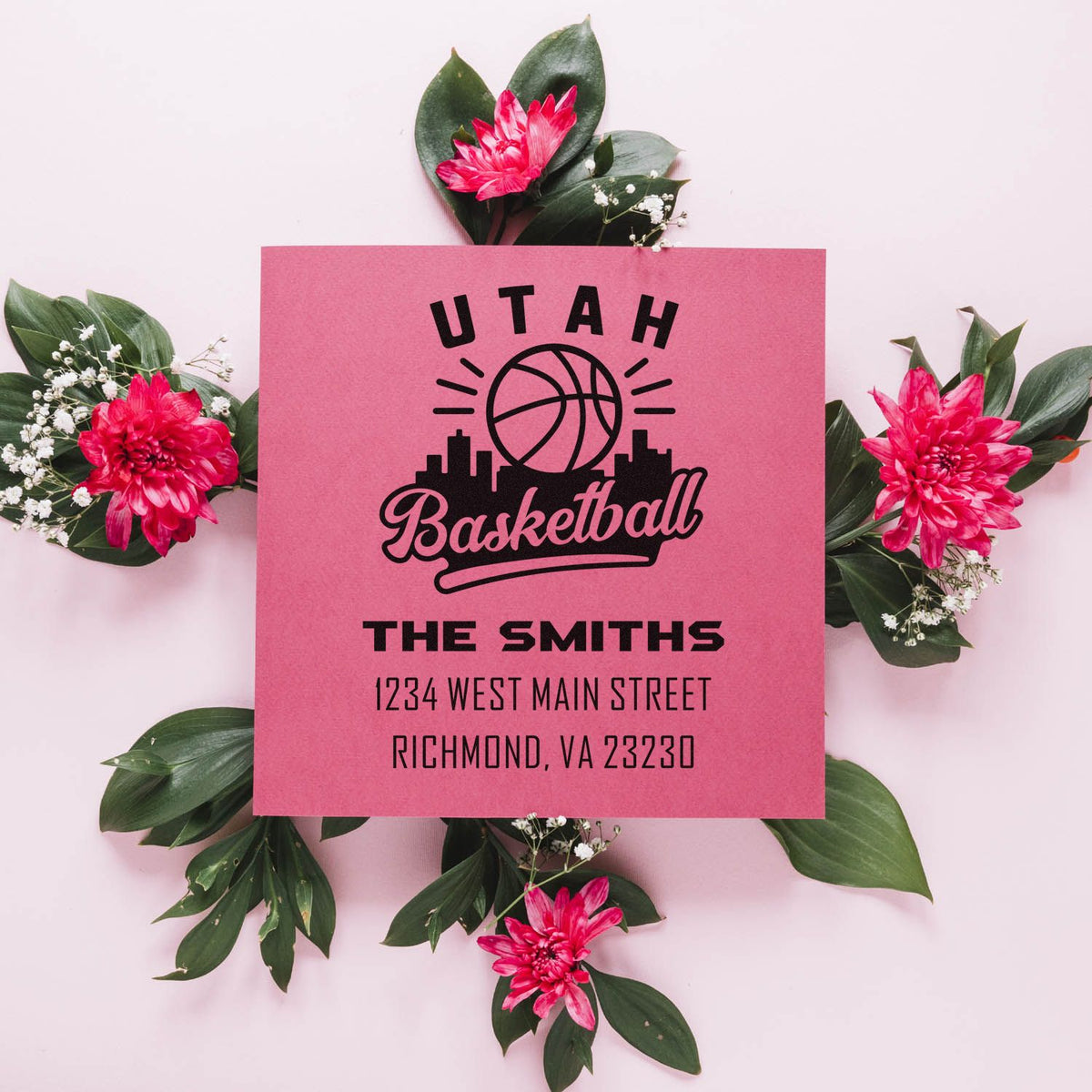 Personalized Utah Basketball rubber stamp design with The Smiths' name and address for custom stationery.