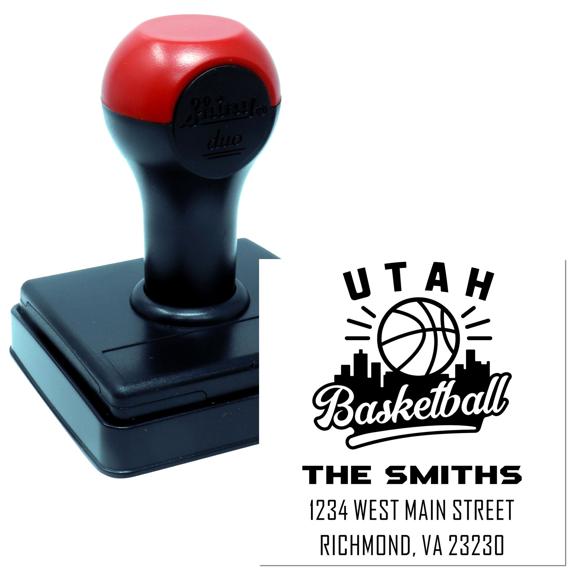 Custom Utah Basketball rubber stamp with self-inking handle and personalized address imprint for business or team branding.