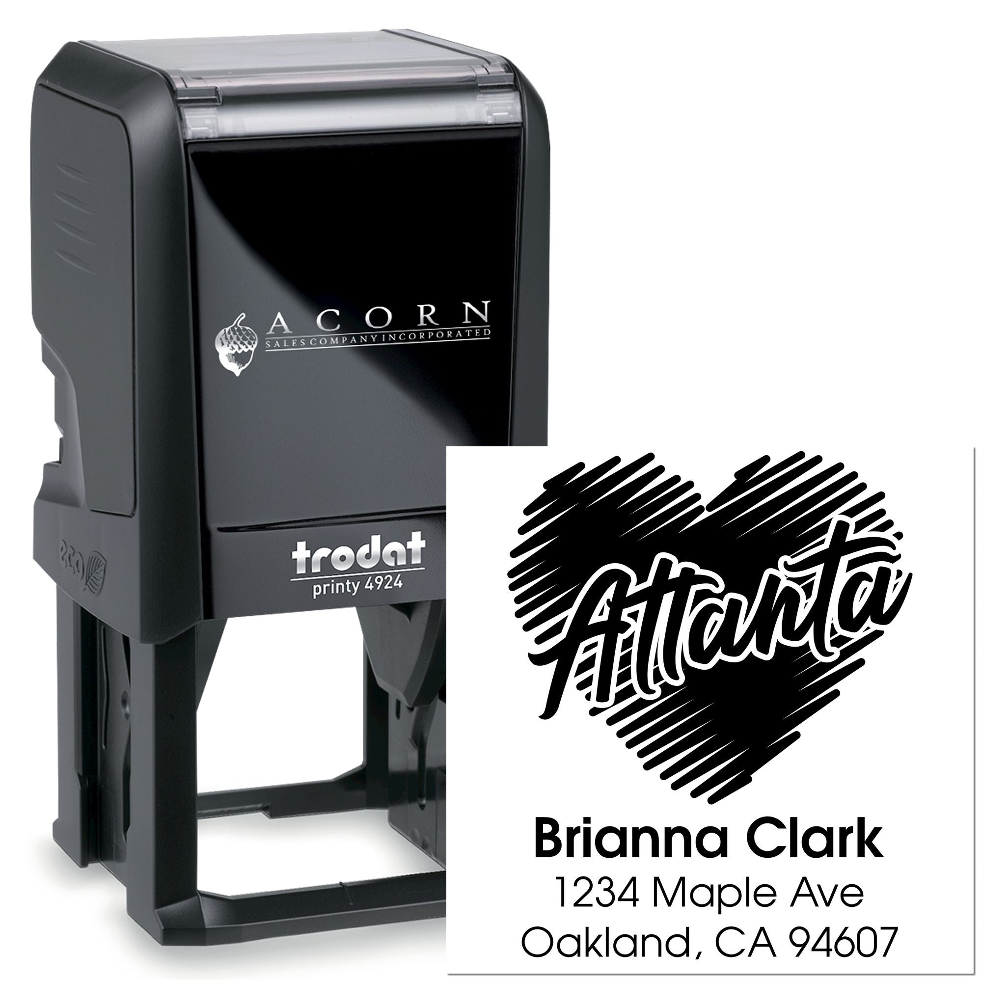 Custom self-inking Trodat rubber stamp with logo, name, and address for personalized business mailing and branding.