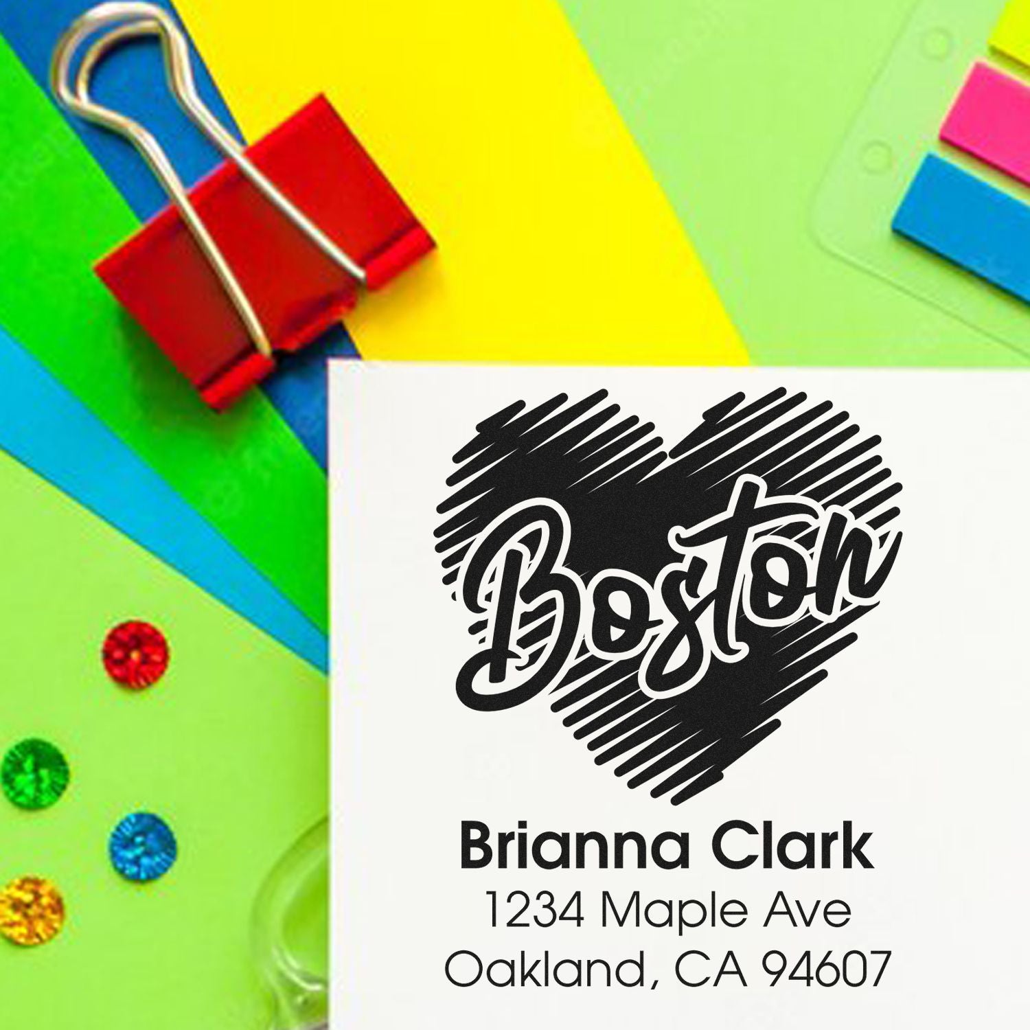 Personalized address rubber stamp with heart design for Brianna Clark, Oakland, CA mailing labels and stationery.