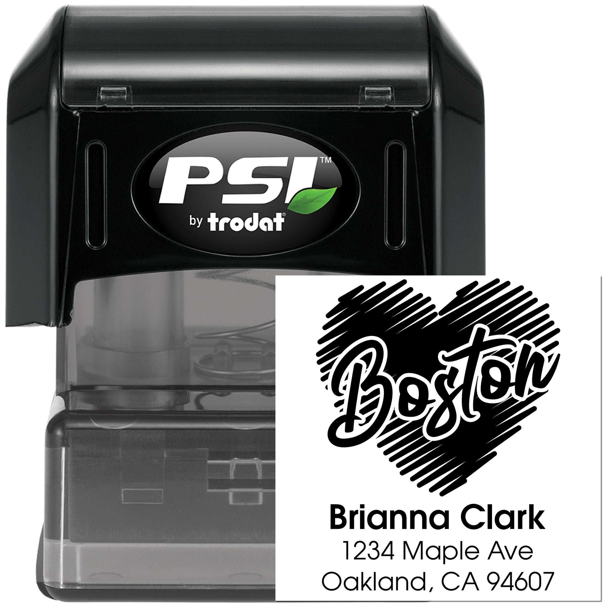 Custom self-inking rubber address stamp with Boston design, featuring Brianna Clark name and Oakland, CA return address.