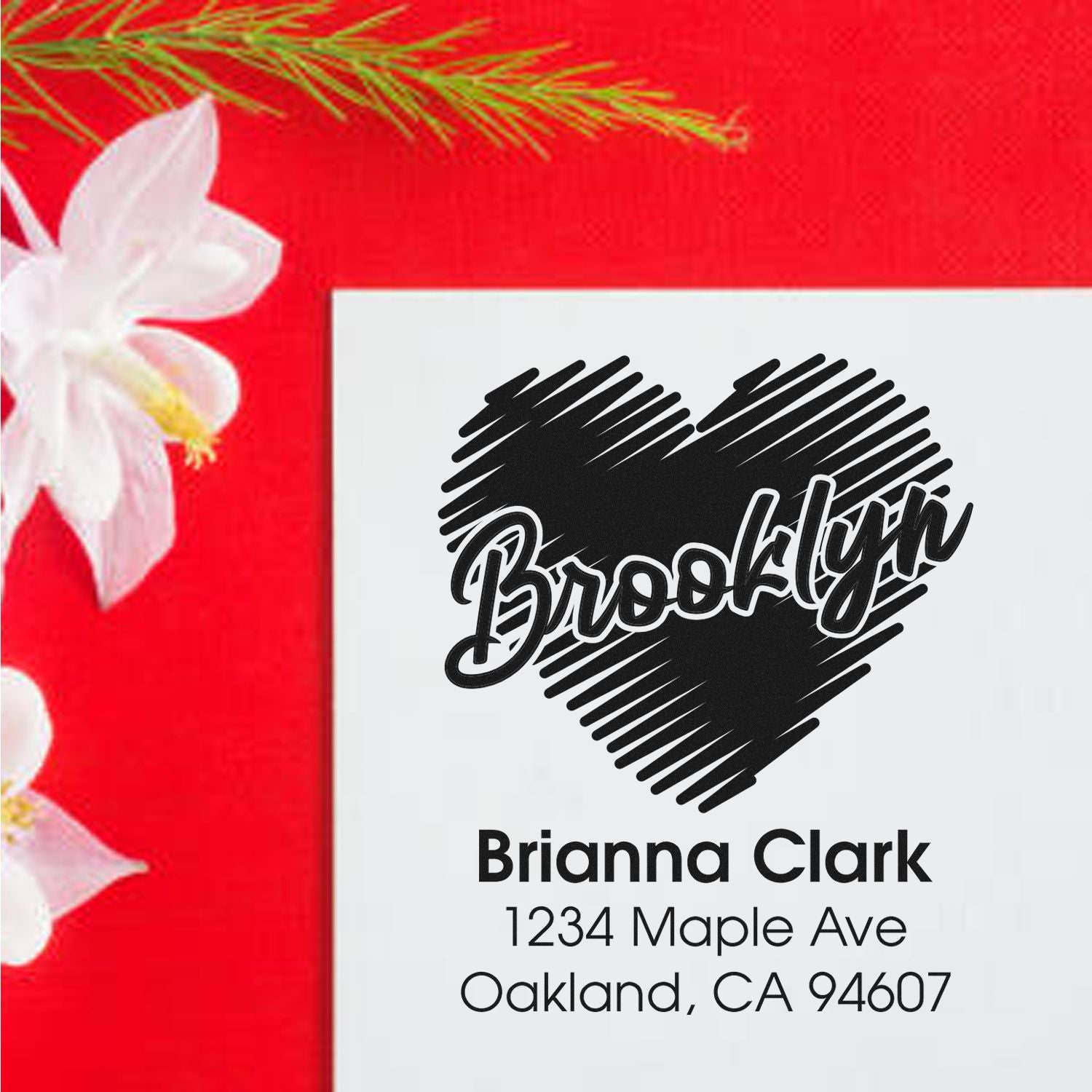 Custom Brooklyn heart return address rubber stamp with Brianna Clark name and Oakland, CA address.