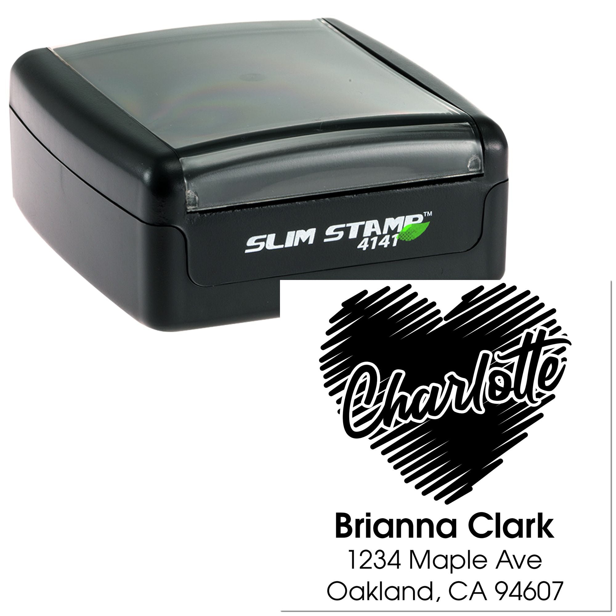 Custom self-inking rubber stamp with personalized return address for Brianna Clark, Slim Stamp 4141.