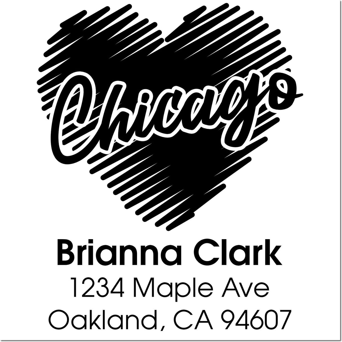 Custom rubber address stamp with Oh crap heart design for Brianna Clark, 1234 Maple Ave, Oakland, CA 94607.