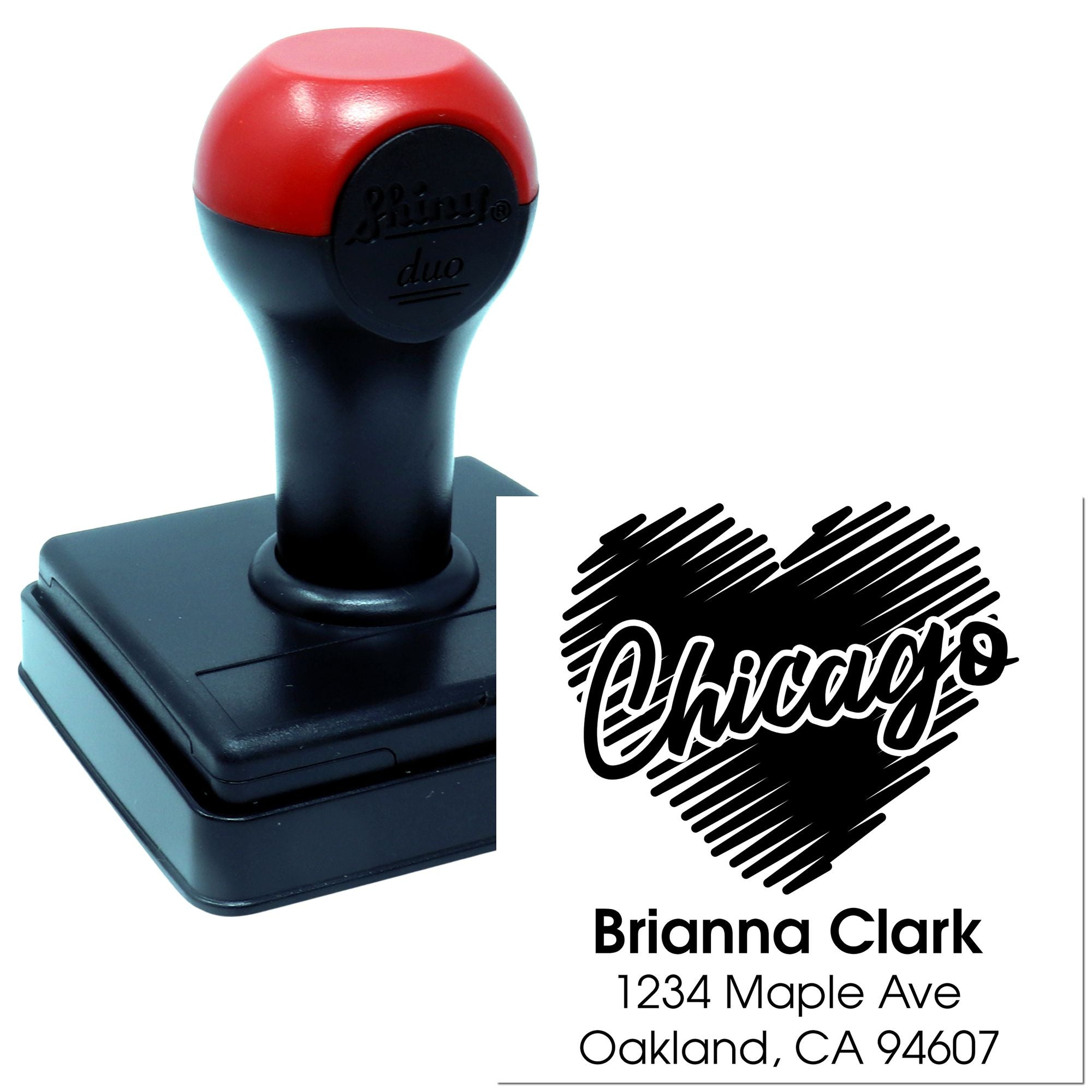 Custom self-inking rubber address stamp with personalized name and address, ideal for envelopes, mailing, and business branding.