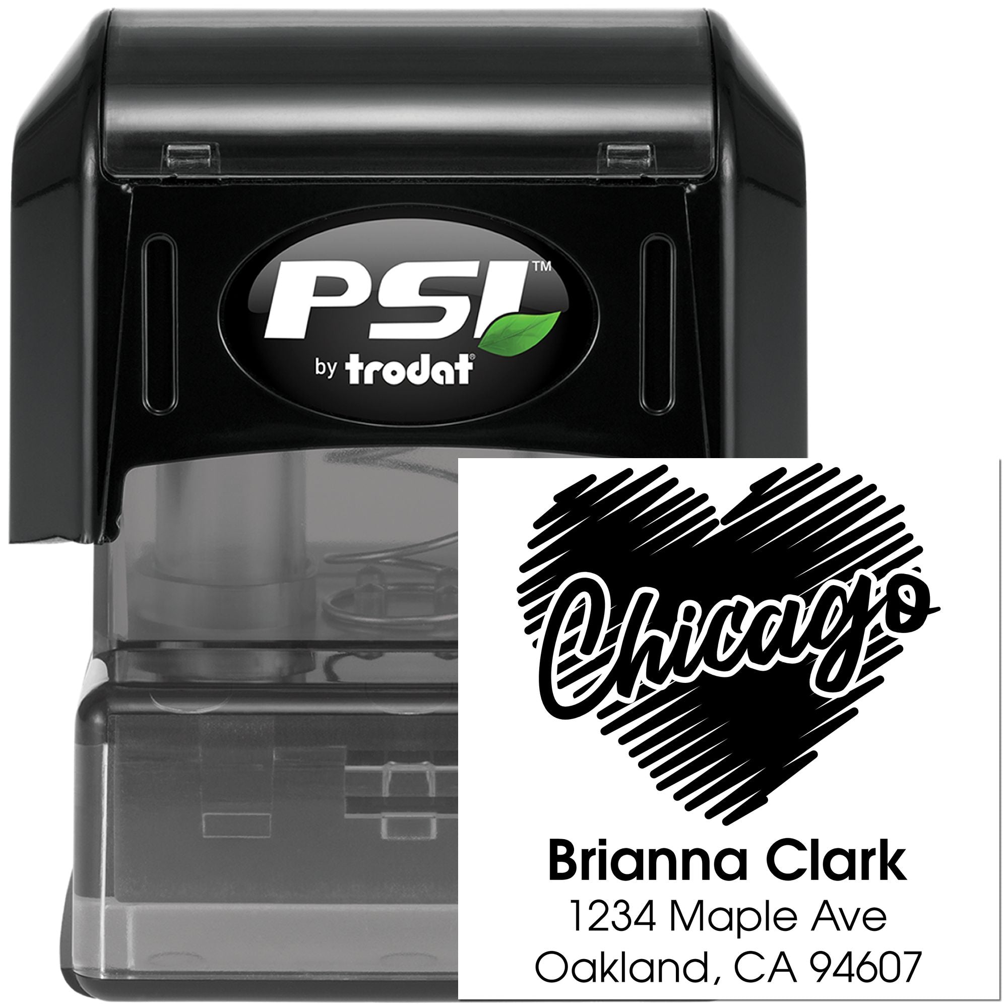 Custom self-inking rubber stamp with Chicago design, Brianna Clark name, and Oakland, CA address by PSI by Trodat.