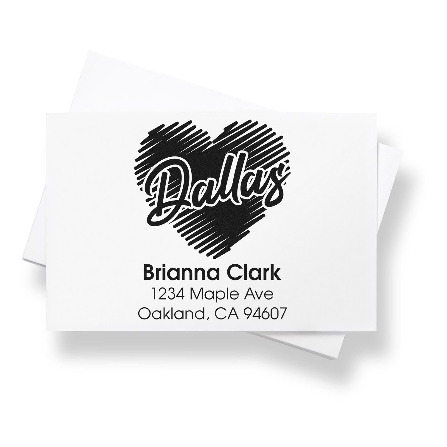 Custom Dallas heart address rubber stamp with Brianna Clark name and return address for envelopes and cards.