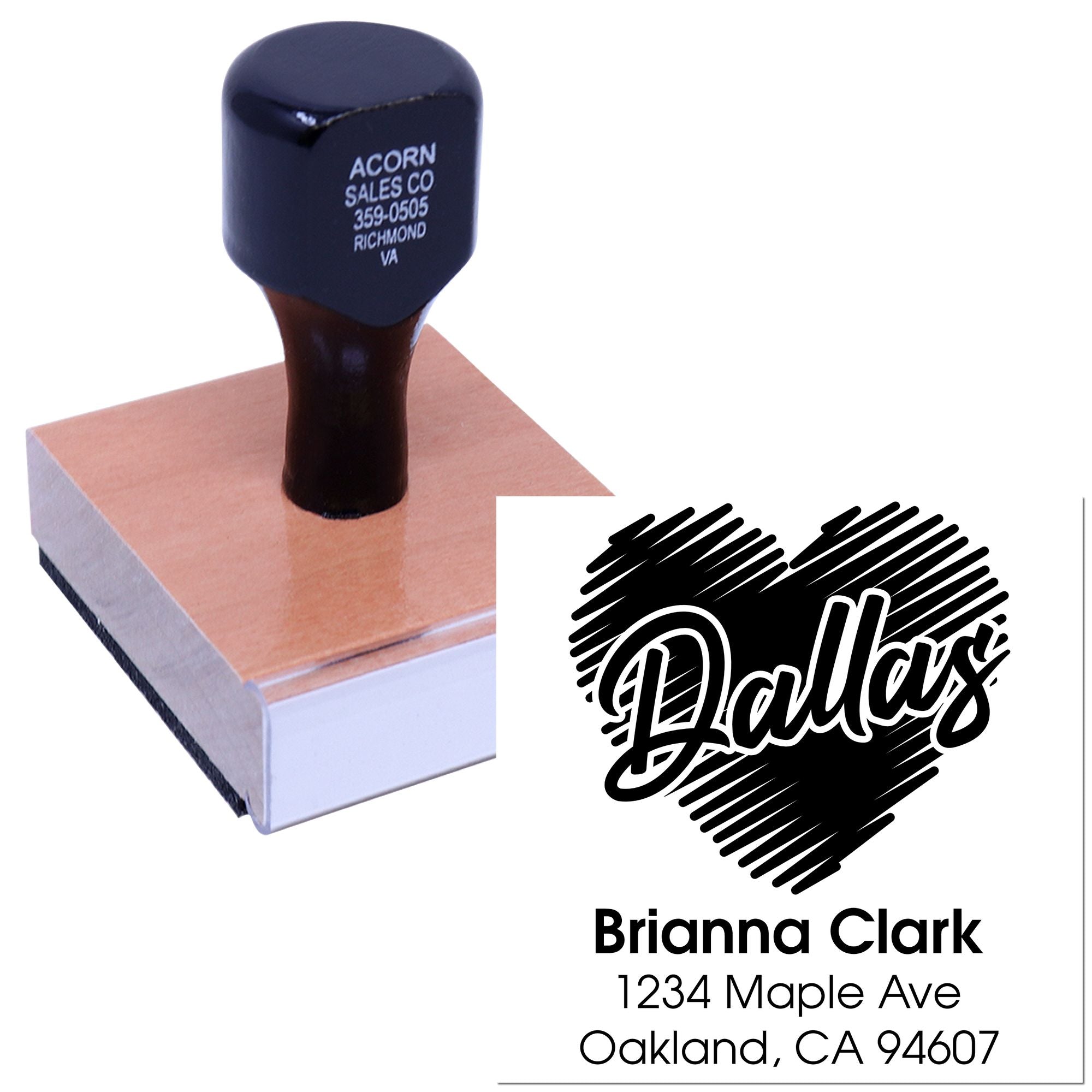 Custom rubber address stamp with personalized name and address imprint for envelopes, packaging, and branding.