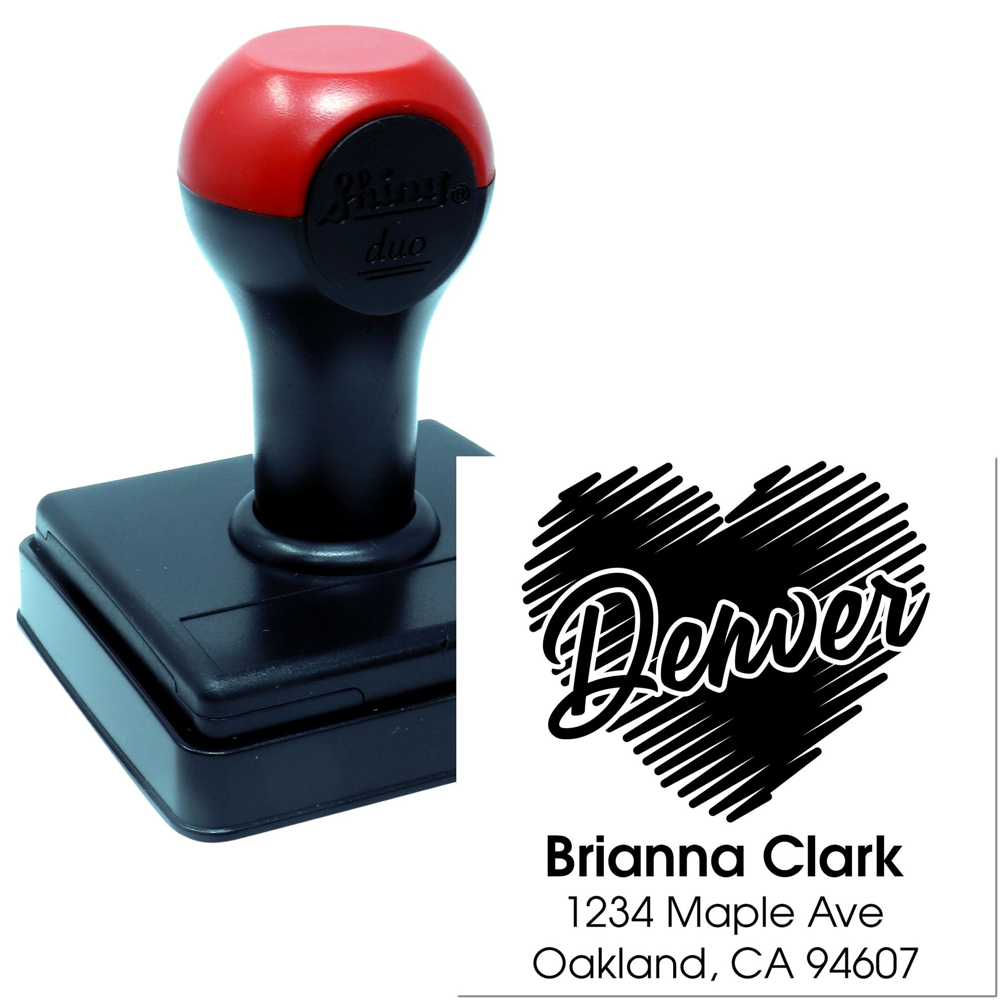 Custom self-inking rubber stamp with personalized name and address design for mailing labels and business branding