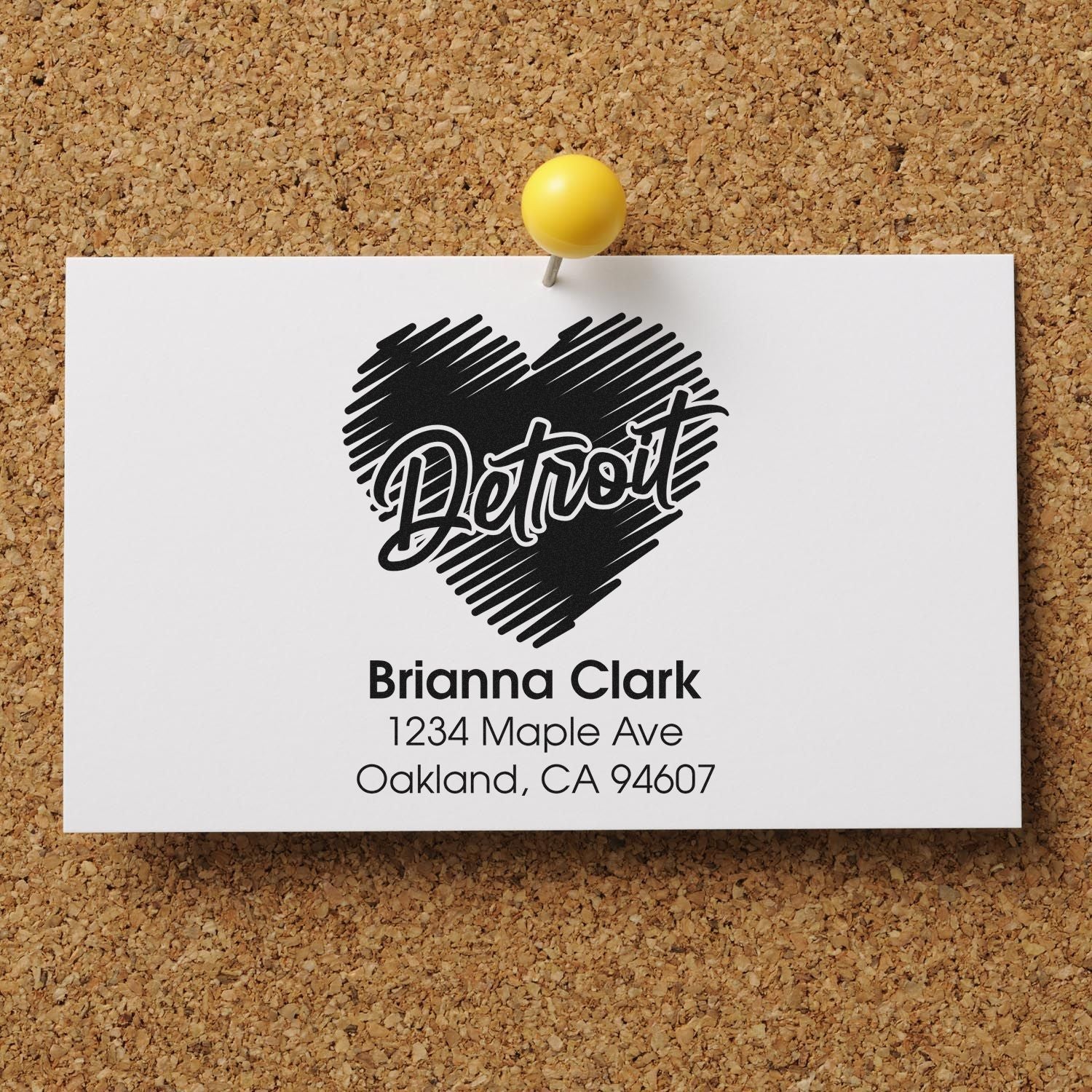 Custom Detroit heart return address rubber stamp for Brianna Clark, Oakland, CA 94607.