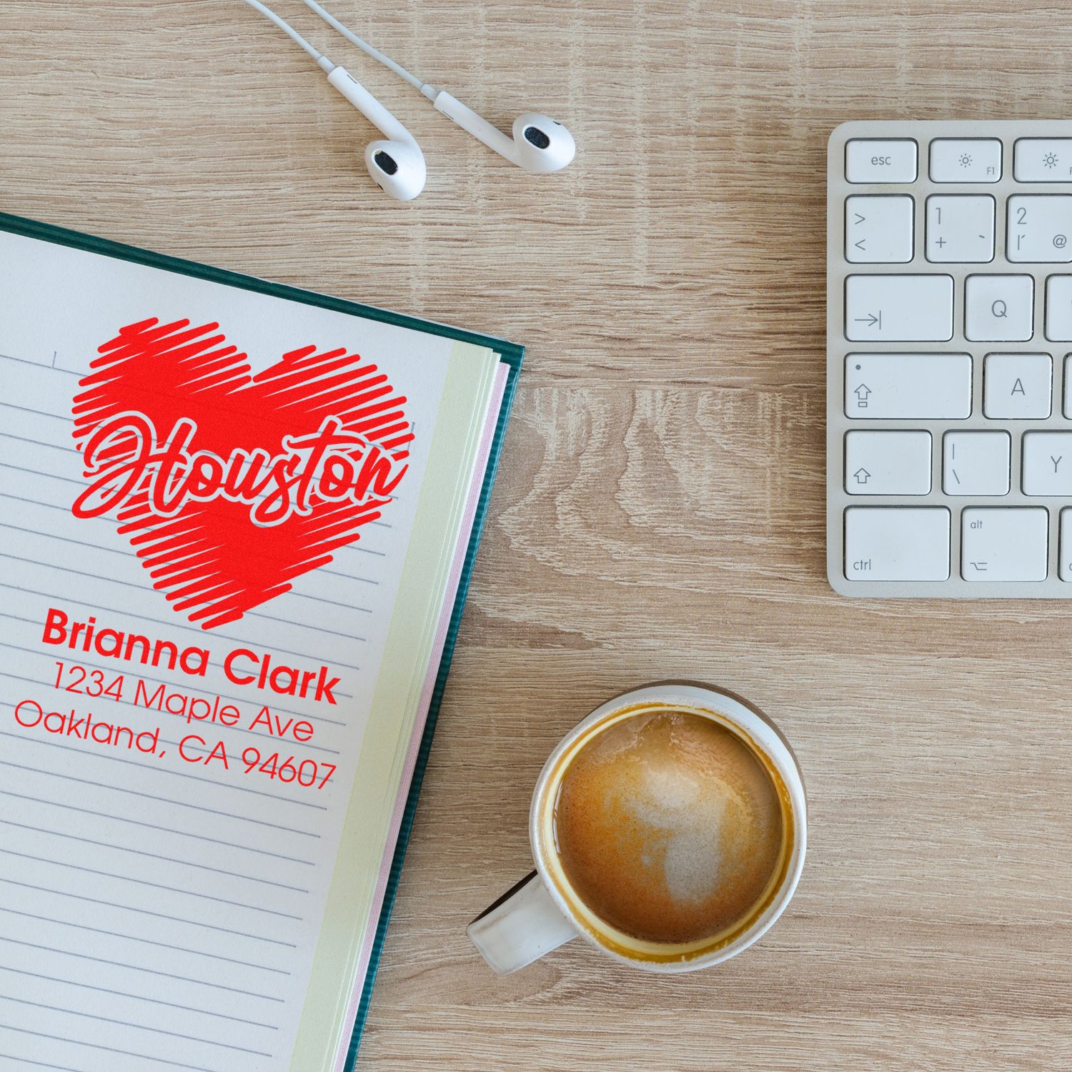 Custom rubber stamp imprint with Houston heart design and address, perfect for personalized mailing and branding.