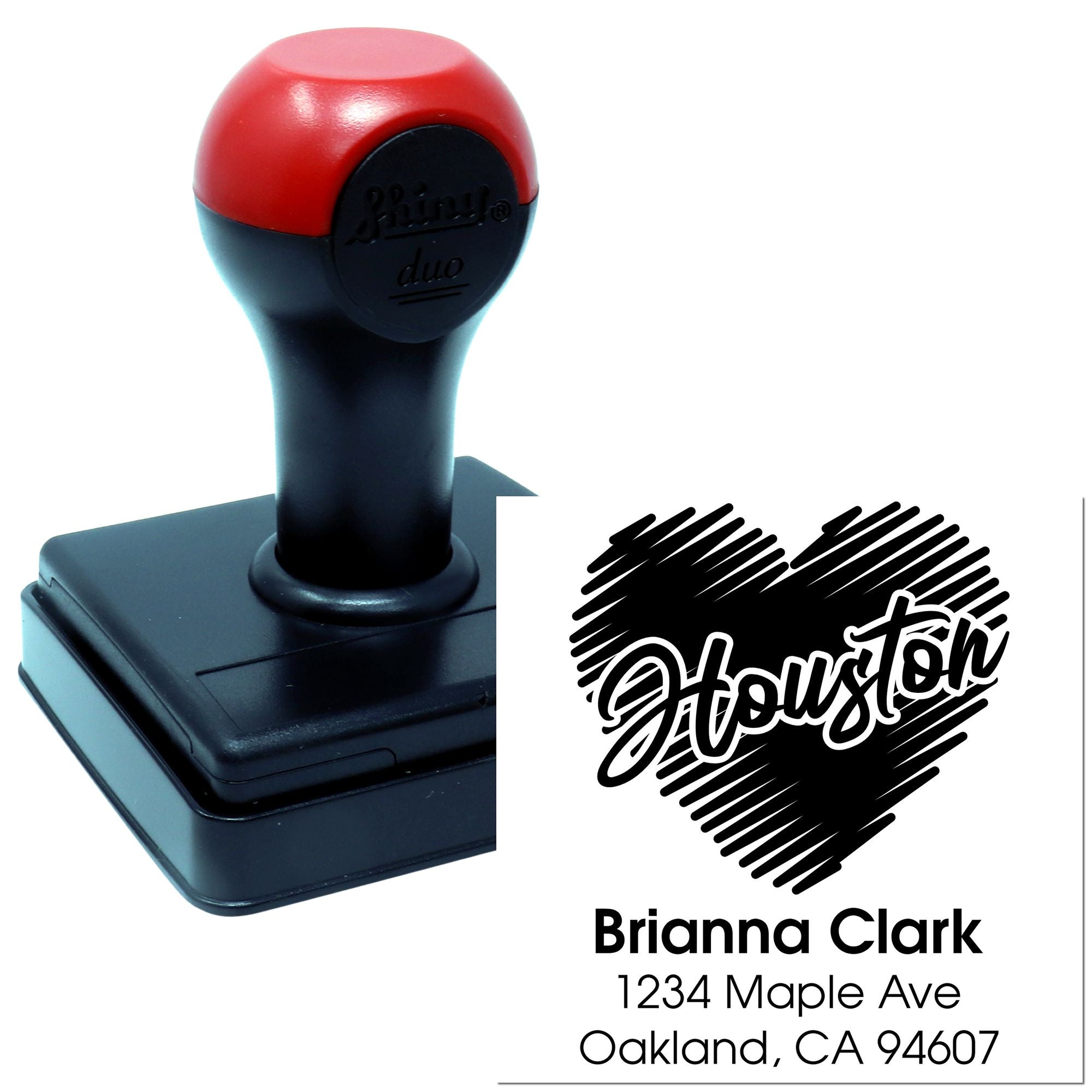 Personalized self-inking return address rubber stamp with house design for Brianna Clark, Oakland, CA 94607