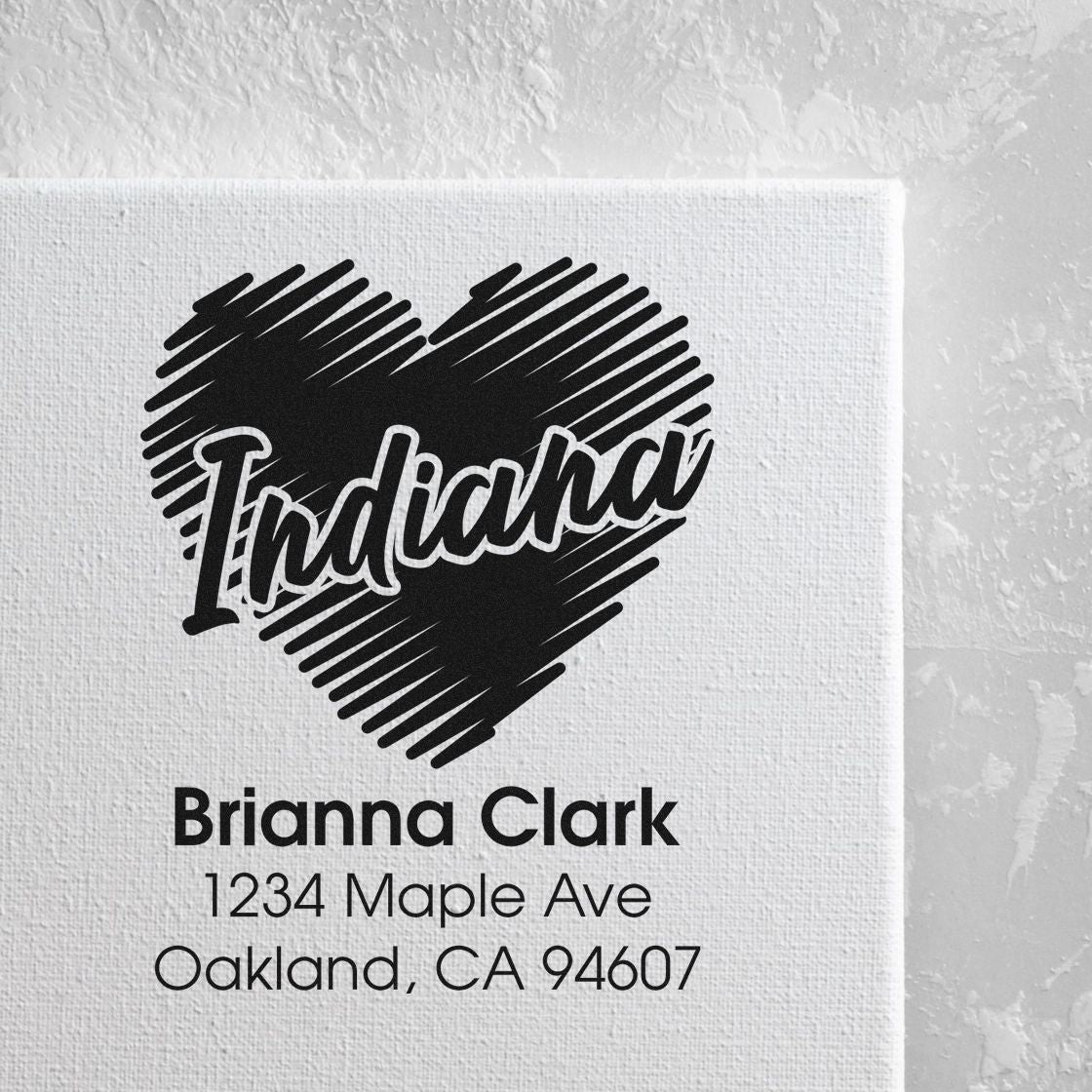 Custom Indiana heart return address rubber stamp with Brianna Clark name and Oakland, CA address.
