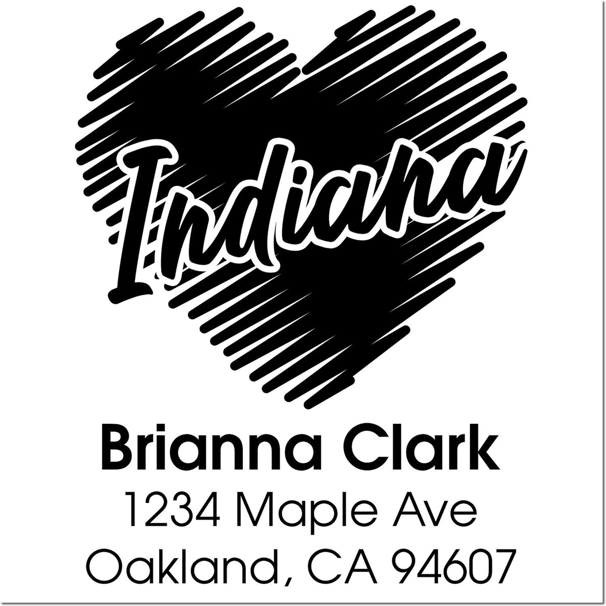 Personalized return address rubber stamp with heart design, Brianna Clark, Oakland, CA 94607, for custom mailing use