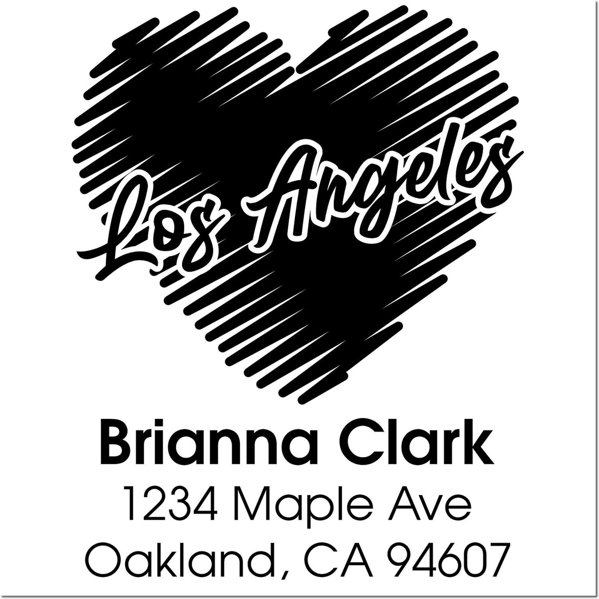 Custom address rubber stamp with heart design, Los Angeles text, and Brianna Clark, 1234 Maple Ave, Oakland, CA 94607
