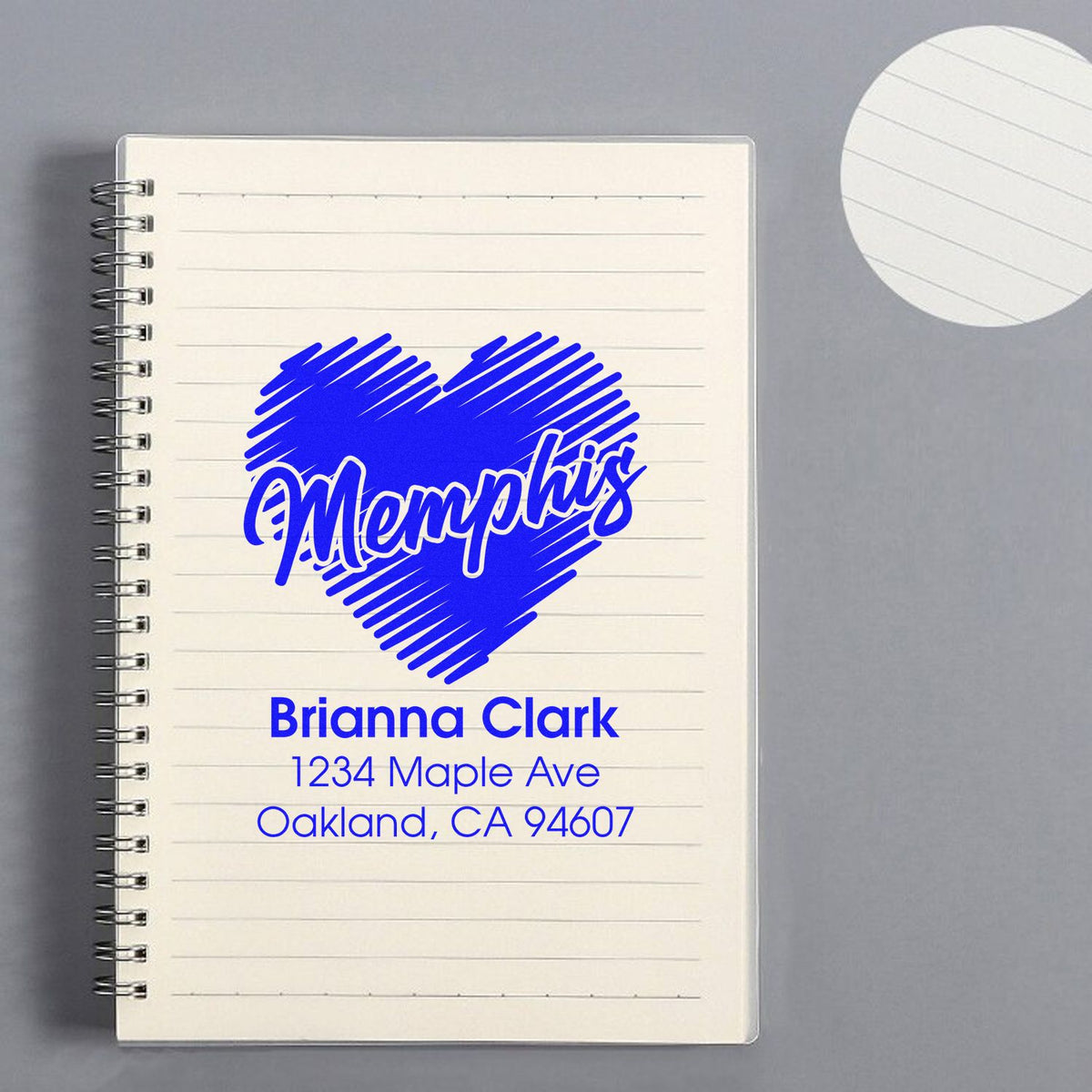 Custom Memphis heart return address rubber stamp with Brianna Clark name and Oakland, CA address.