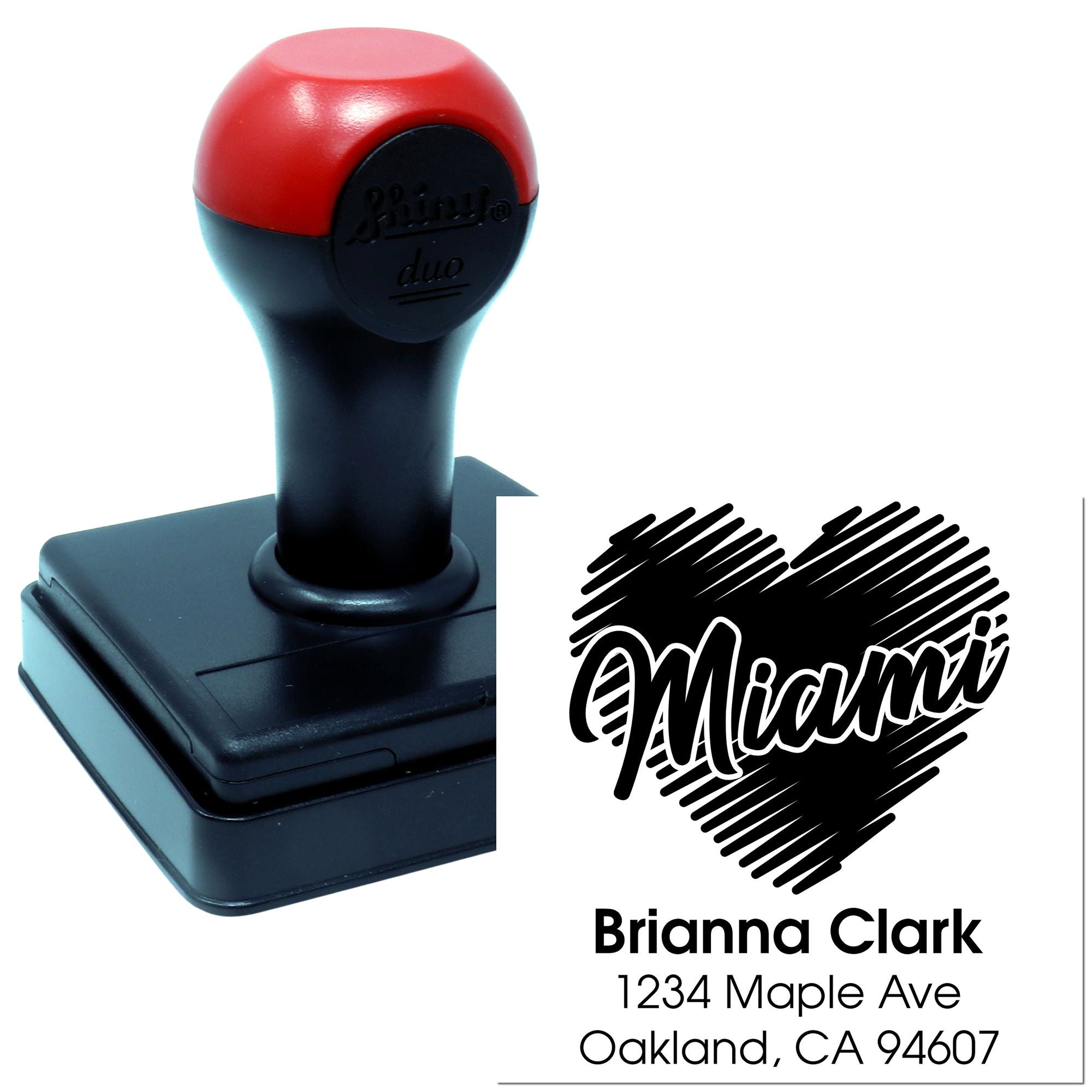 Custom self-inking rubber address stamp with Miami design, Brianna Clark name, and Oakland, CA address.