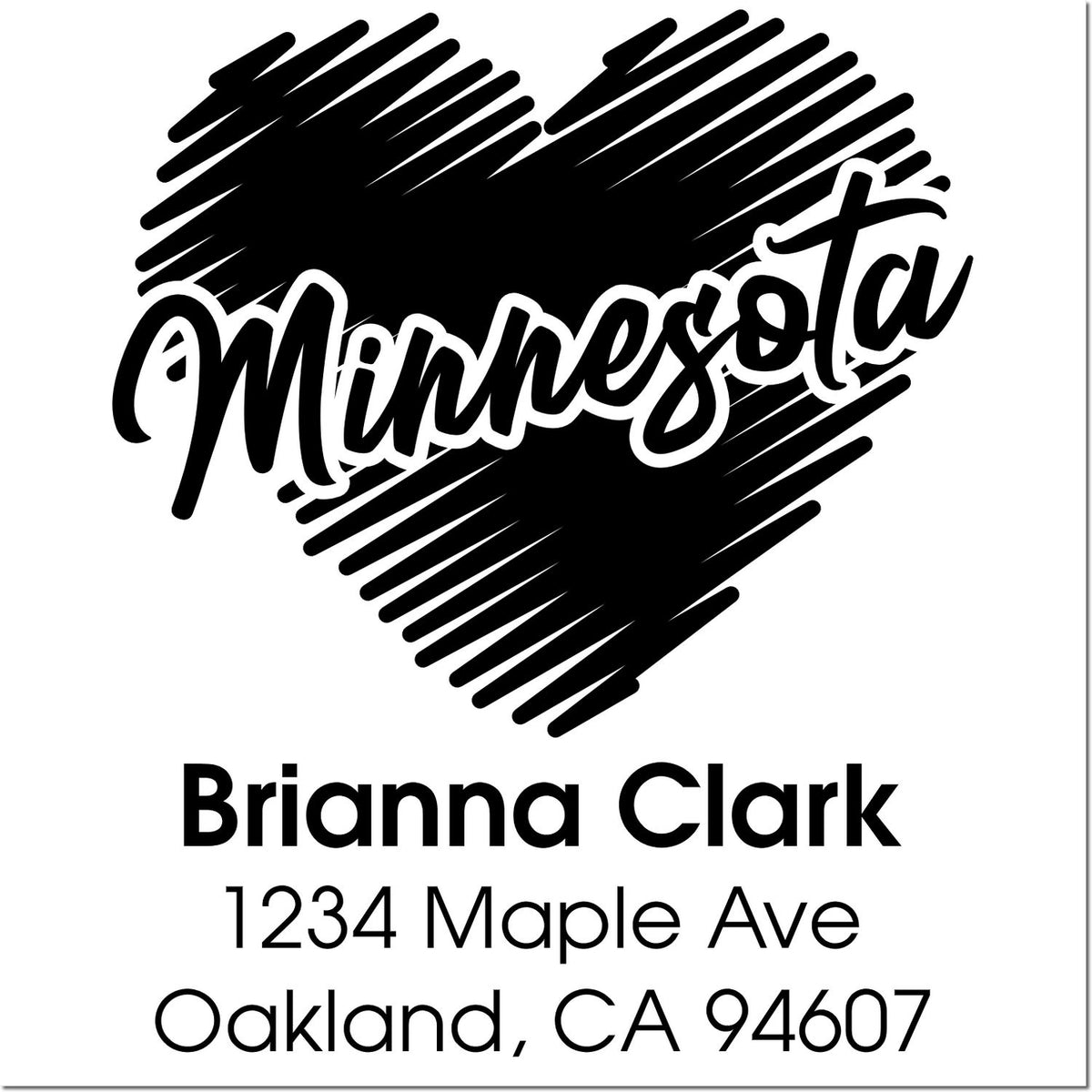 Custom Minnesota return address rubber stamp with heart design for Brianna Clark, Oakland, CA.