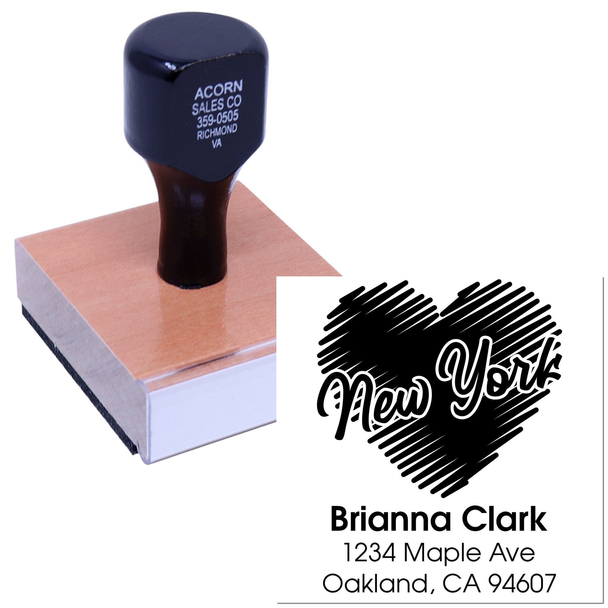 Custom rubber address stamp with New York design, name, and mailing address for personalized envelopes and business branding