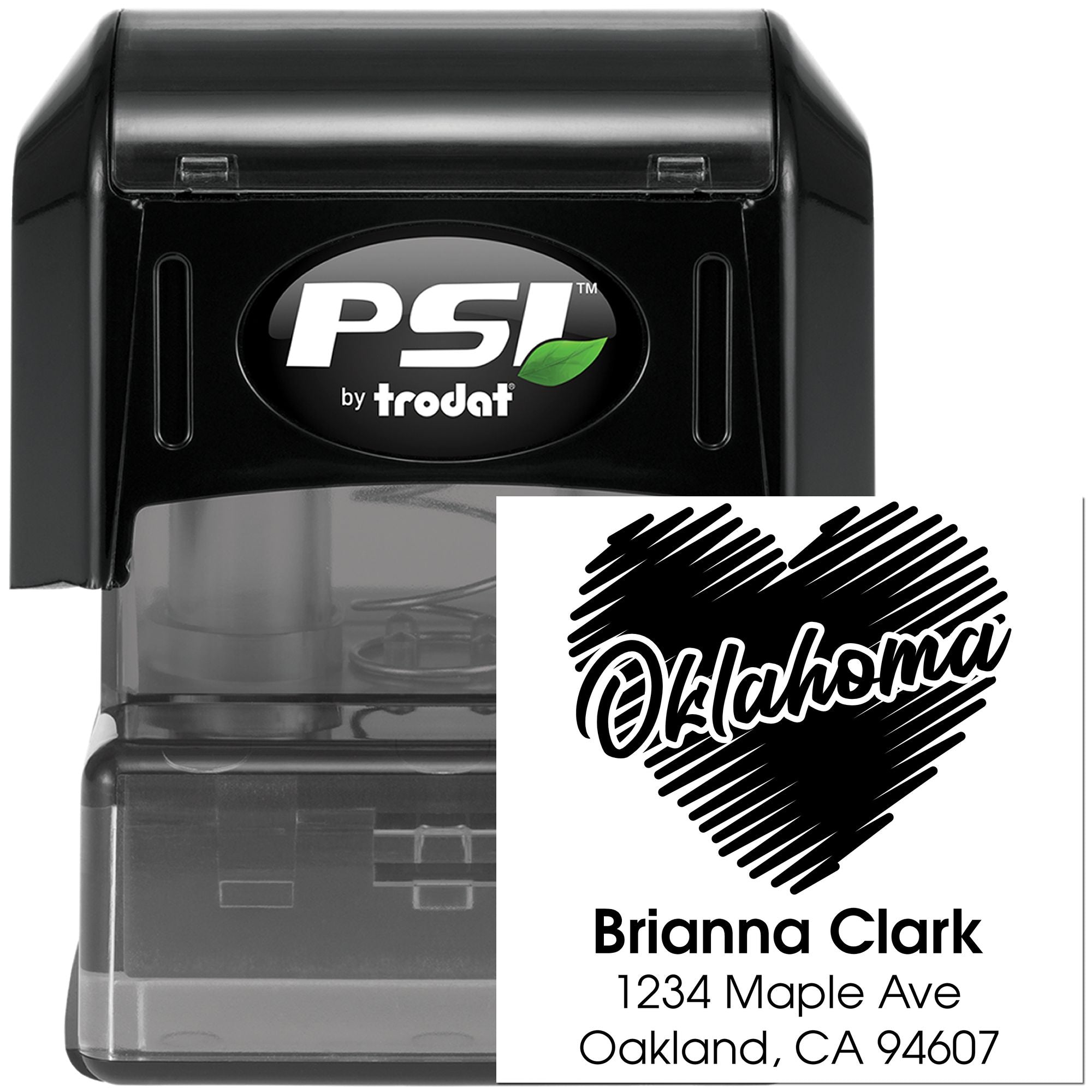 Custom self-inking rubber stamp by PSI Trodat with Oklahoma heart design, personalized name and address imprint.
