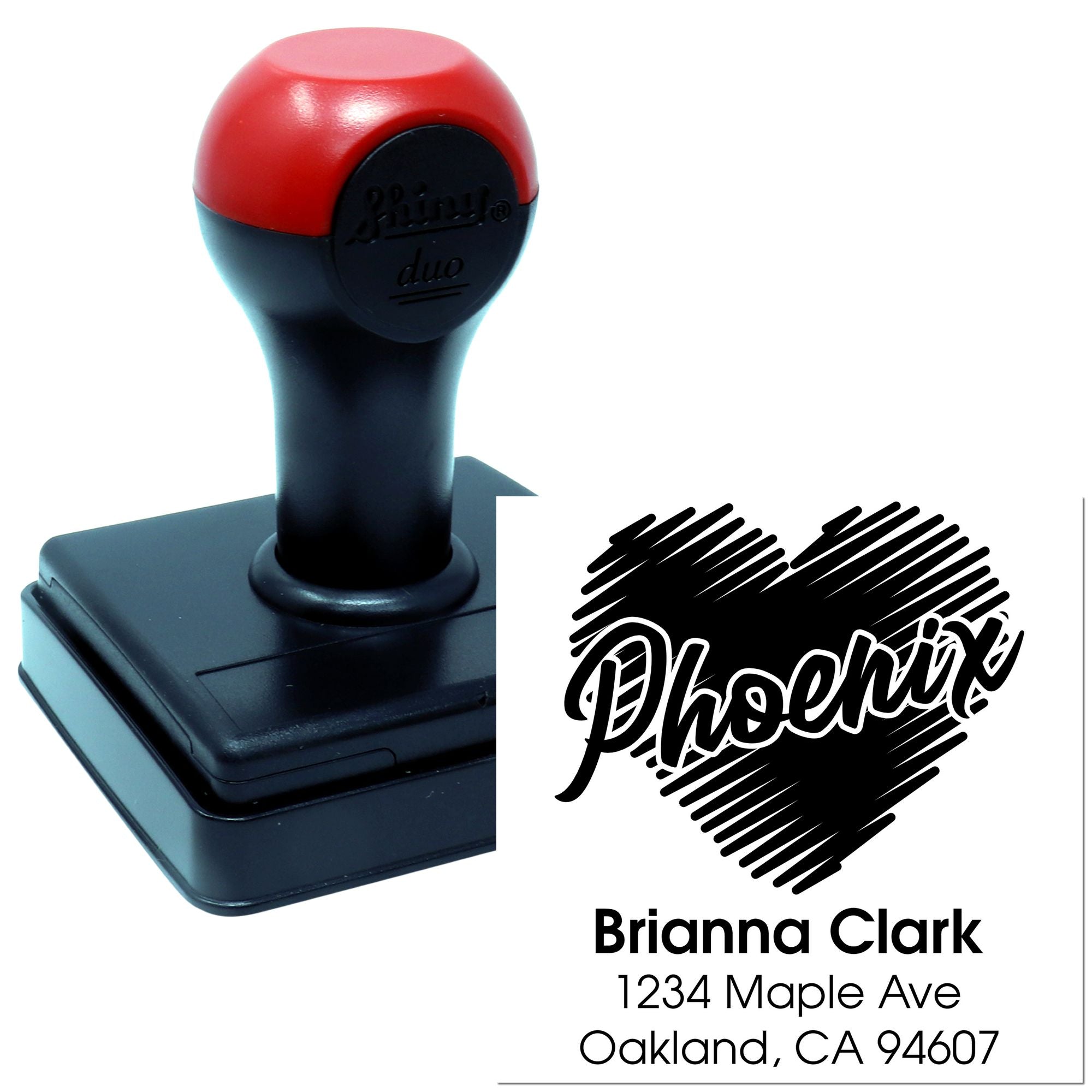 Custom self-inking rubber stamp with personalized name and address imprint for mailing, branding, and business use.