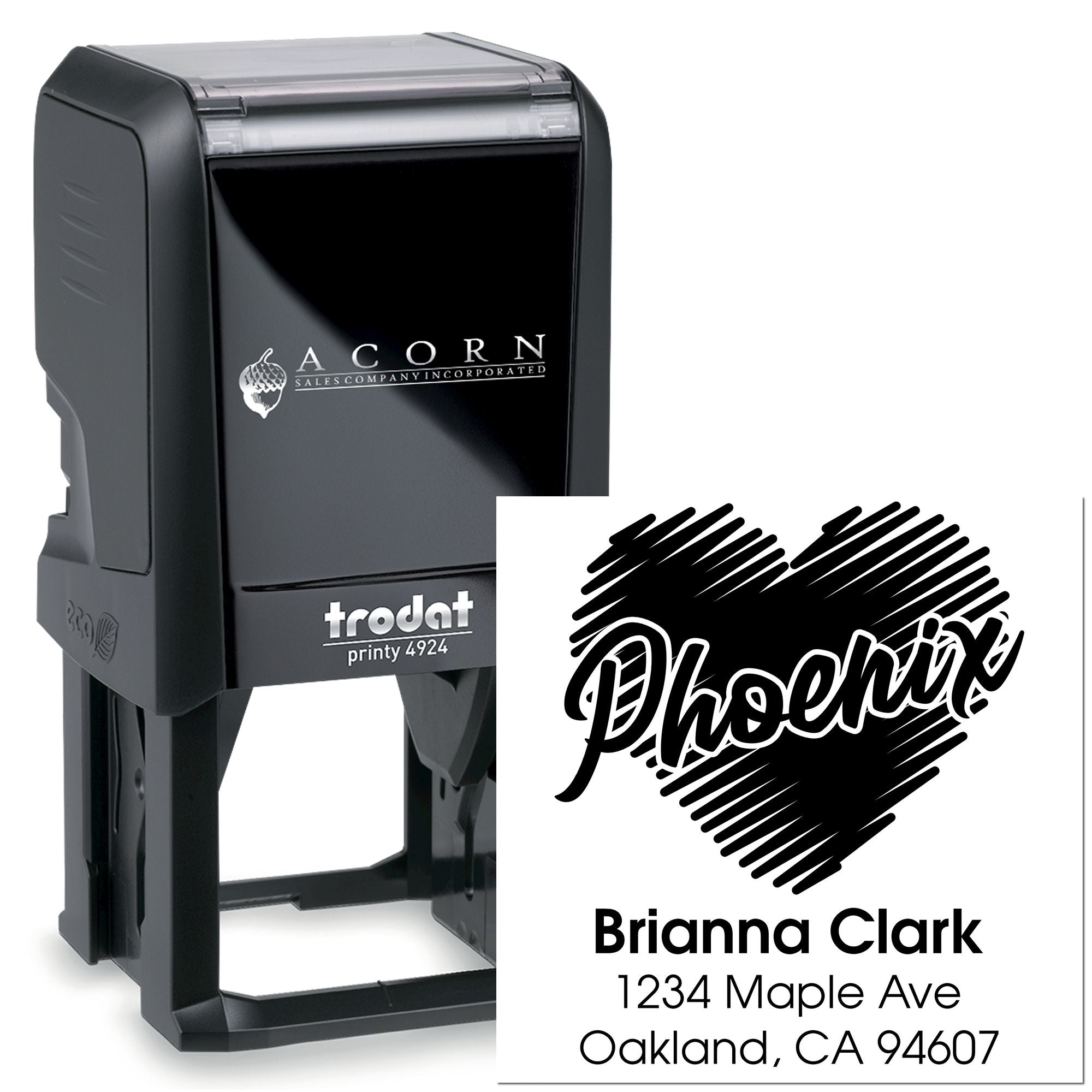 Custom self-inking rubber address stamp with logo, name, and address for fast mailing and business branding.