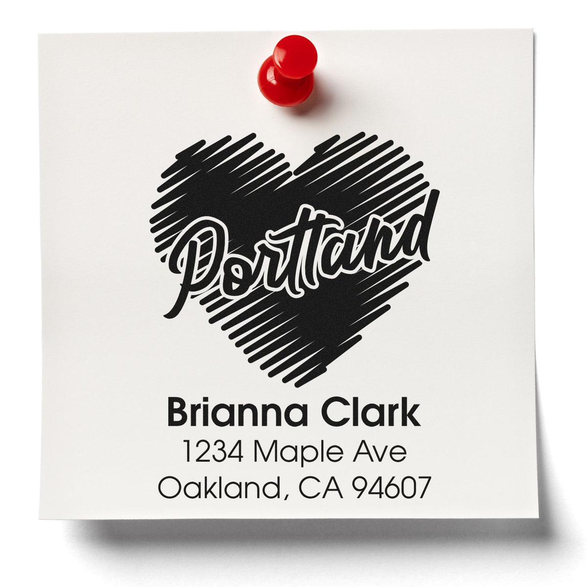 Custom return address rubber stamp with Portland heart design and Brianna Clarks Oakland, CA 94607 address.