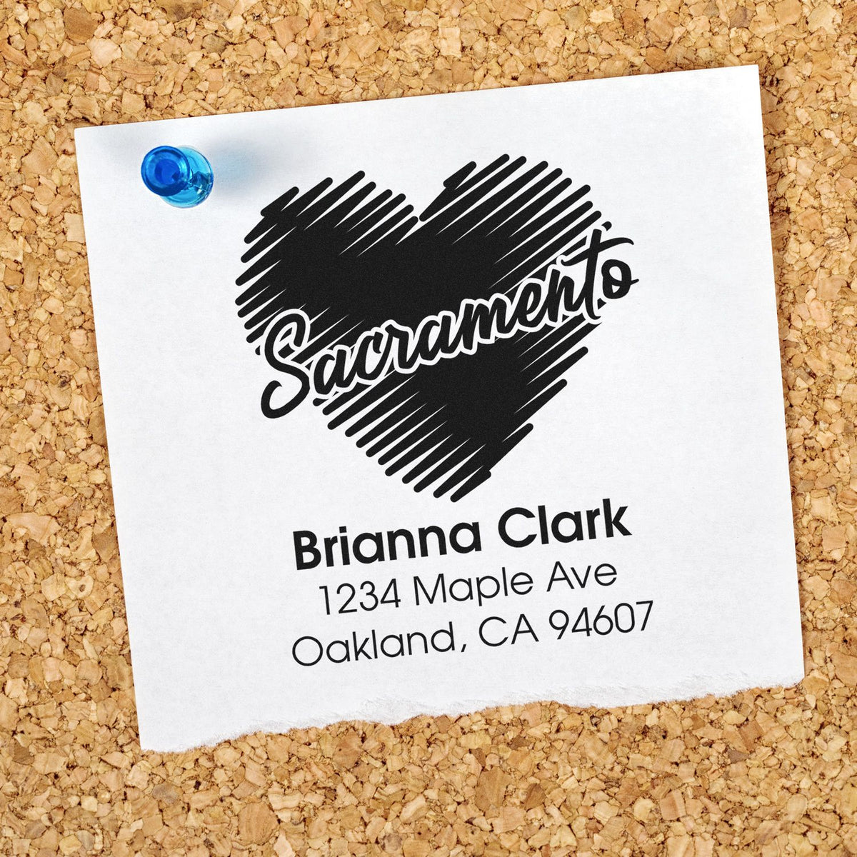 Custom rubber stamp design with heart icon and return address for Brianna Clark, personalized mailing label sample.