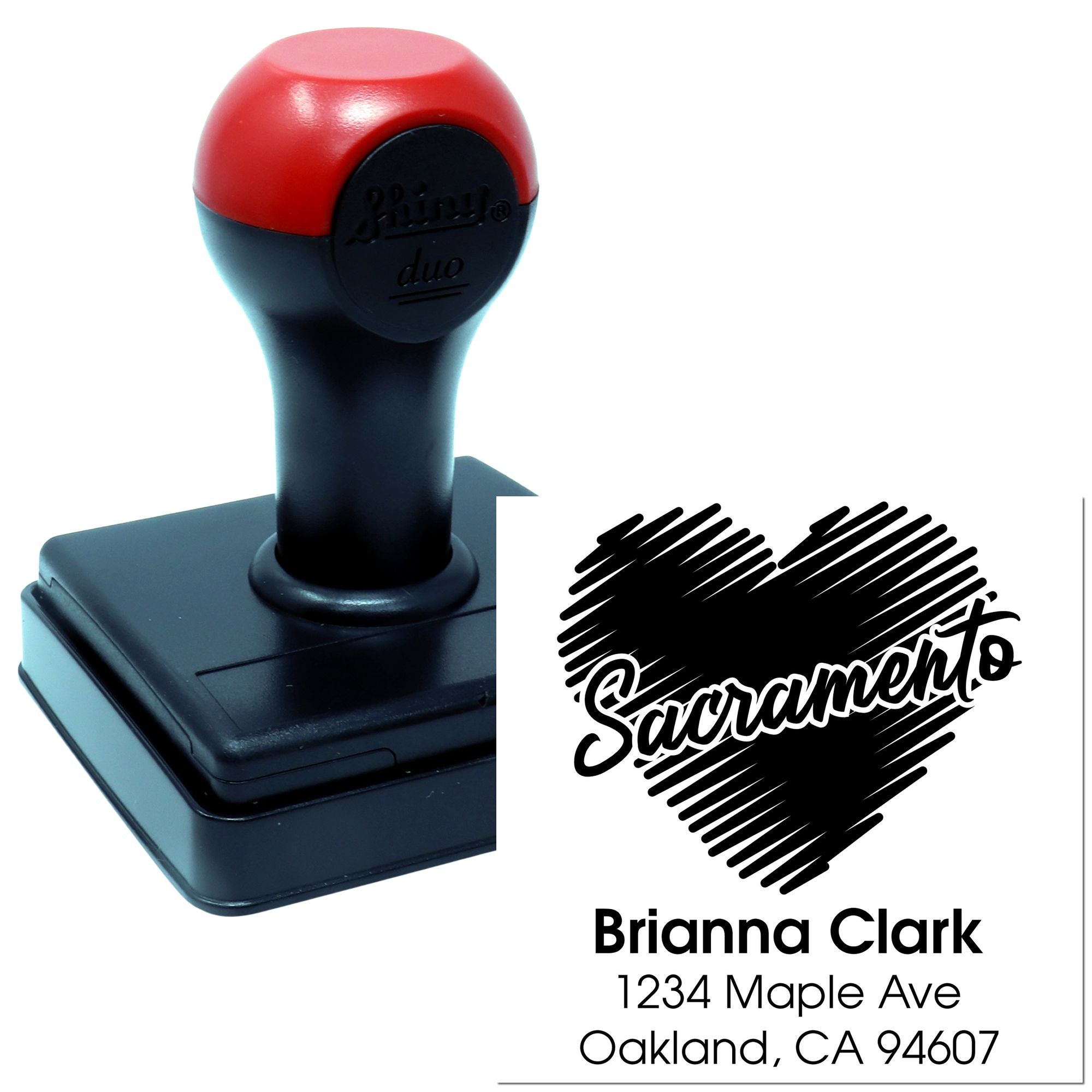 Custom self-inking rubber address stamp with name and address imprint for mailing, wedding favors, and business use.