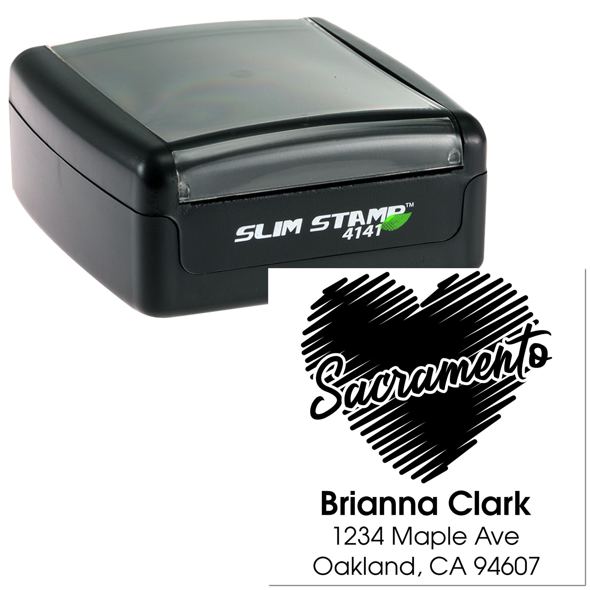Custom self-inking address rubber stamp with name and mailing address, Slim Stamp 4141, for personalized return labels.