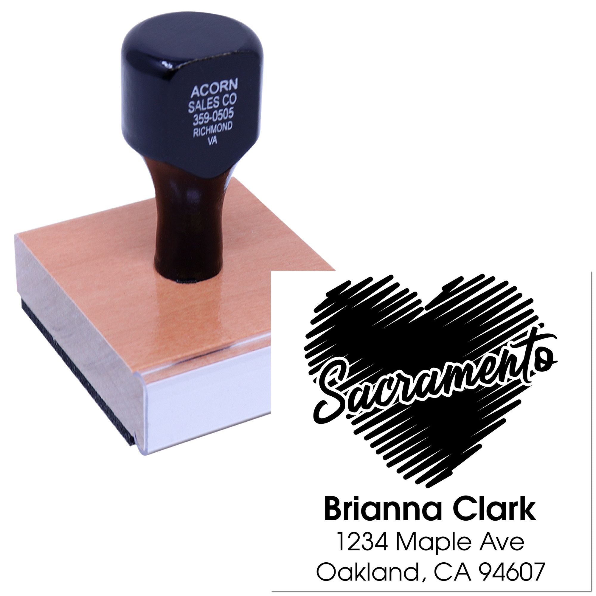 Custom return address rubber stamp with personalized name and Oakland, CA imprint for envelopes and mailing.