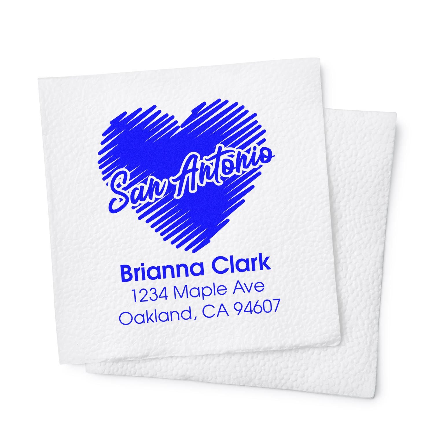 Custom return address rubber stamp with heart design, San Antonio text, and Brianna Clark Oakland, CA address.
