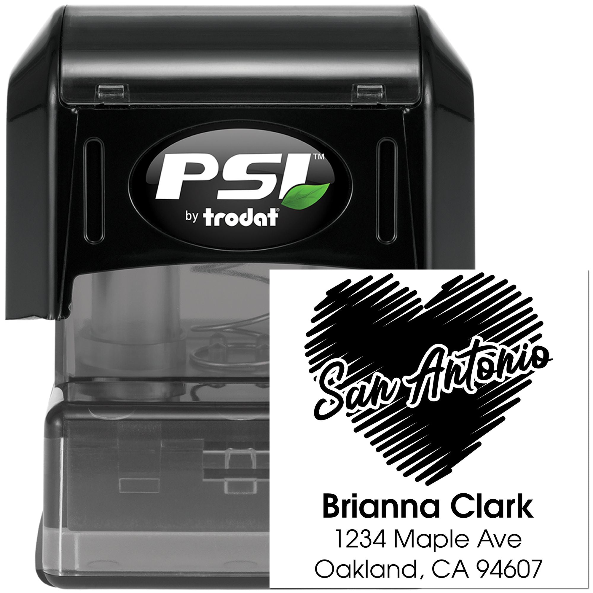 Personalized self-inking rubber stamp for return addresses, featuring a heart design, name, and Oakland, CA address.