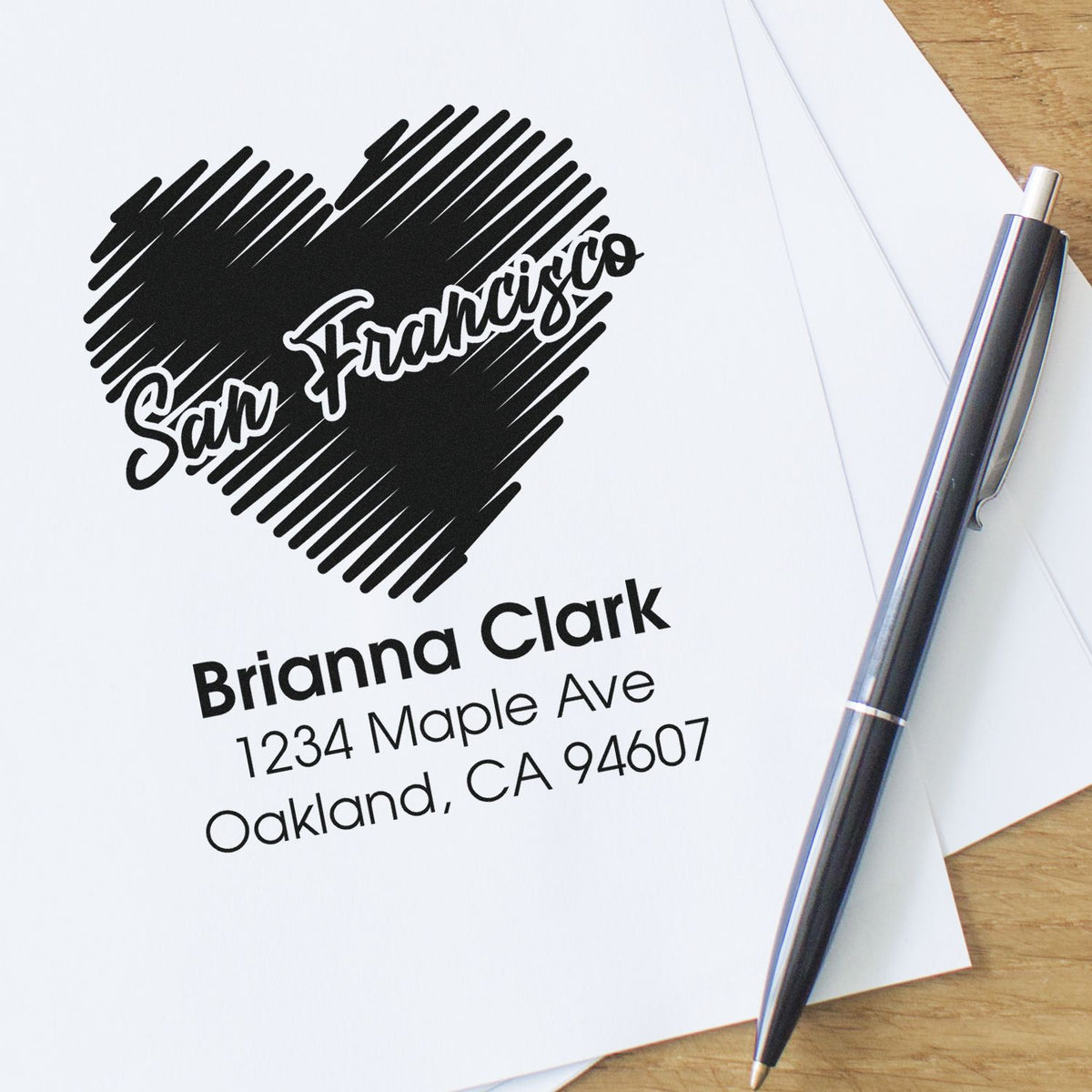 Personalized return address rubber stamp with San Francisco heart design for Brianna Clark