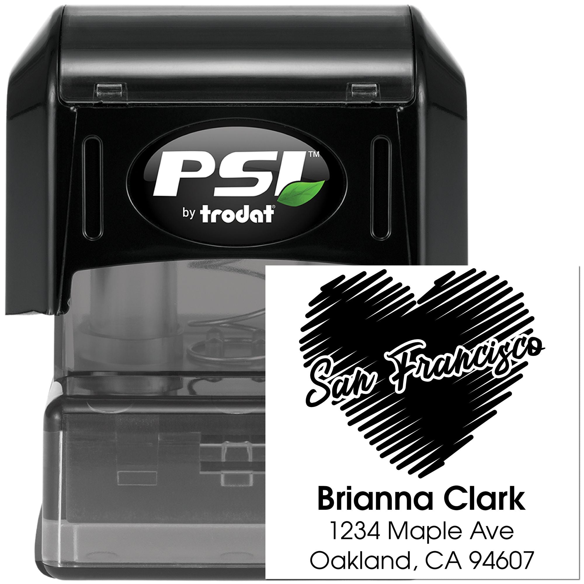 PSI by Trodat self-inking custom return address stamp with San Francisco heart design for personalized mailing