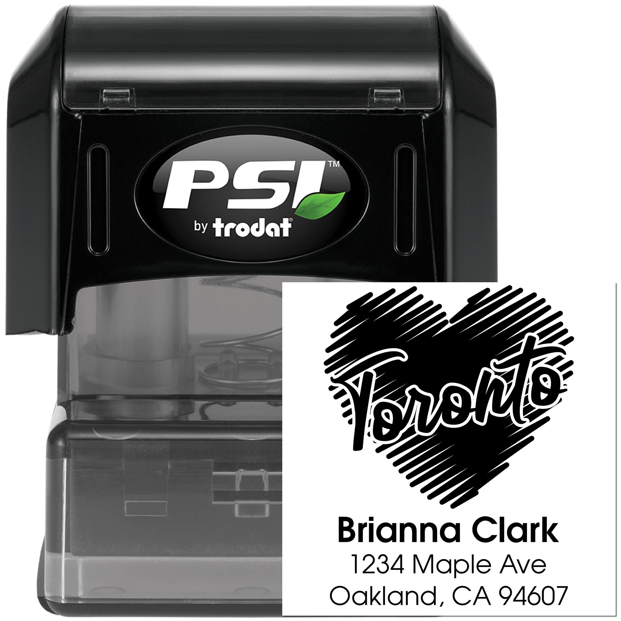 PSI by Trodat self-inking custom address rubber stamp with heart design for personalized mailing.