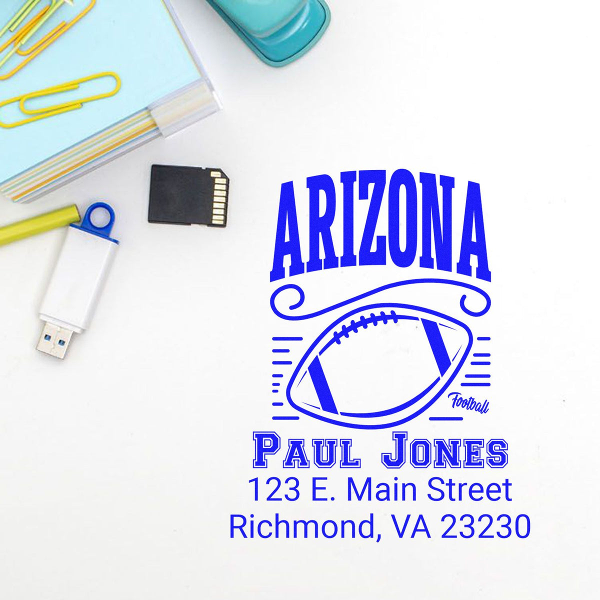 Custom Arizona football rubber stamp design with Paul Jones name and Richmond, VA address.